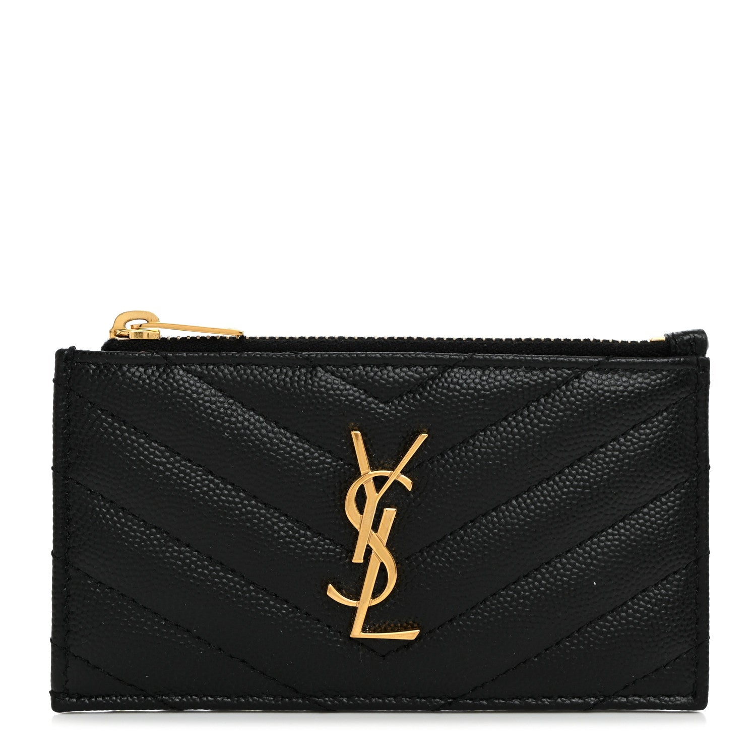 Saint Laurent Grain De Poudre Matelasse Chevron Monogram Fragments Zippered Card Case Black 1 of 8