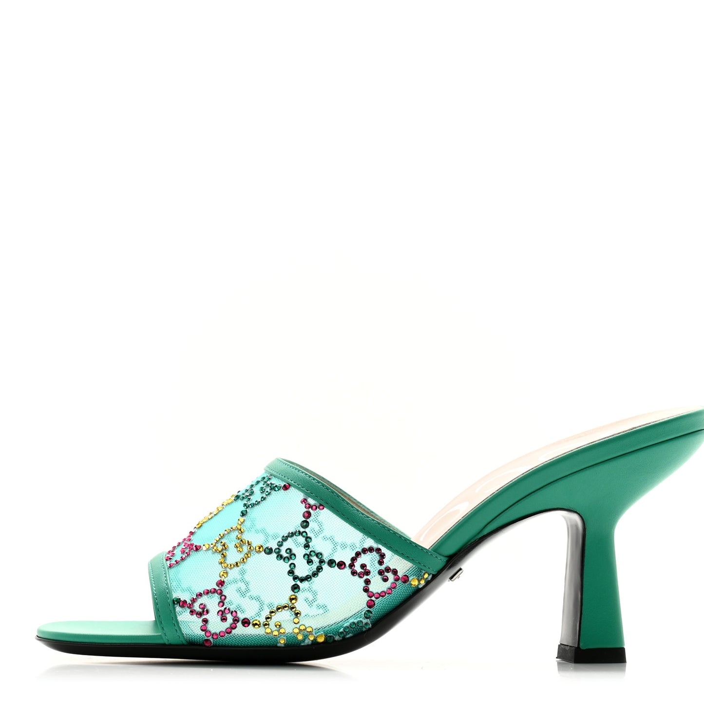 Tela Retino Nappa Crystal GG Monogram Square G 95mm Slide Sandals 37 Turquoise