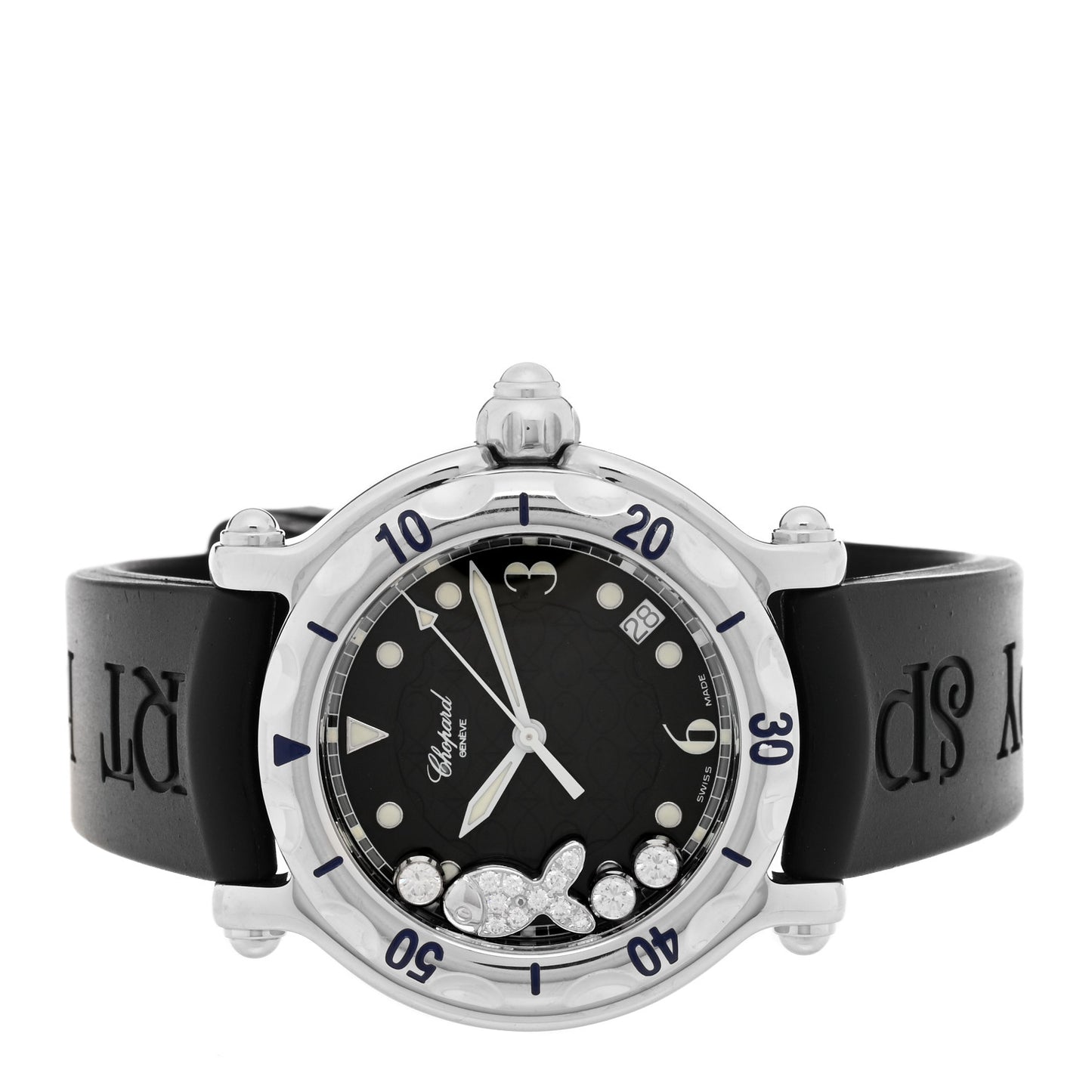 Stainless Steel Rubber Diamond 38mm Happy Sport Fish Quartz Watch Black