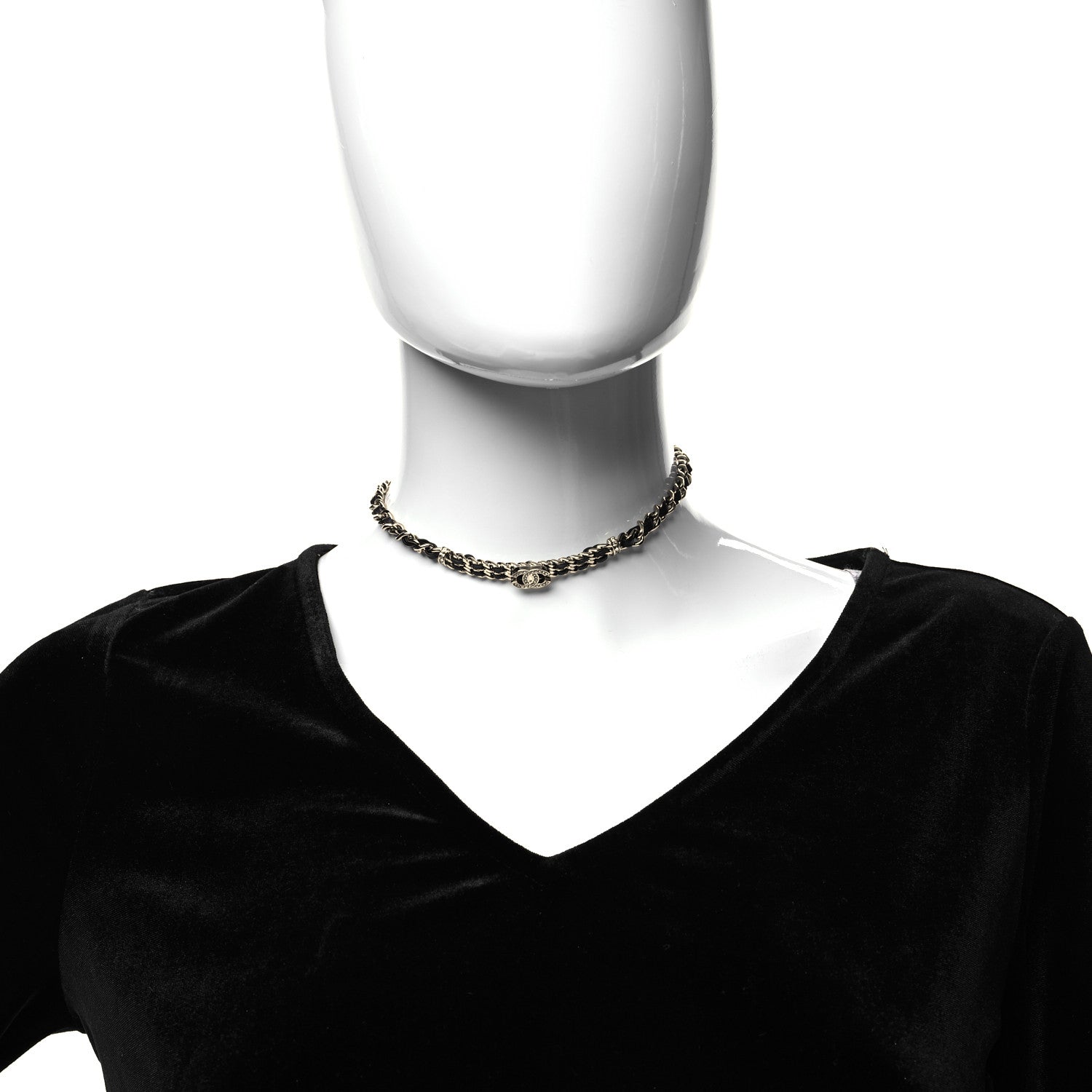 Chanel Metal Lambskin Crystal CC Choker Necklace Black Gold 2 of 5