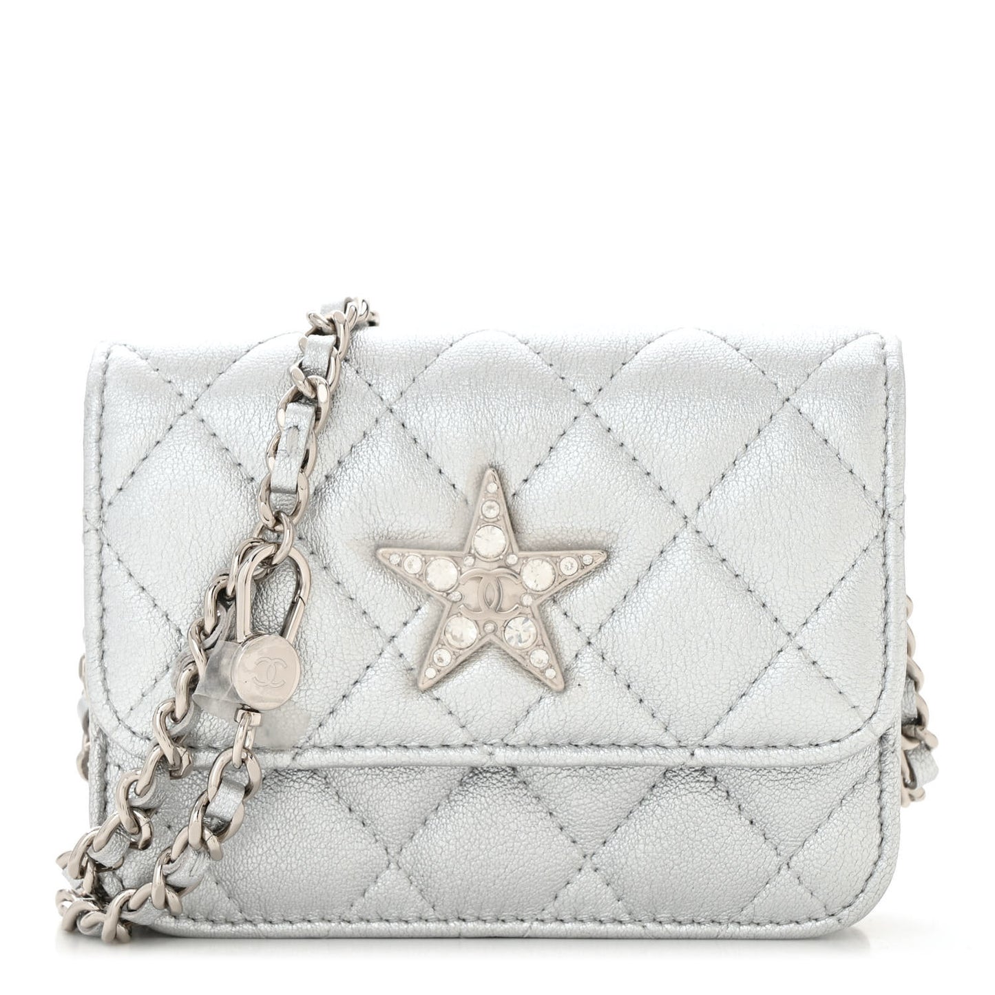 Metallic Goatskin Quilted Crystal CC Walk Of Fame Clutch With Chain Silver