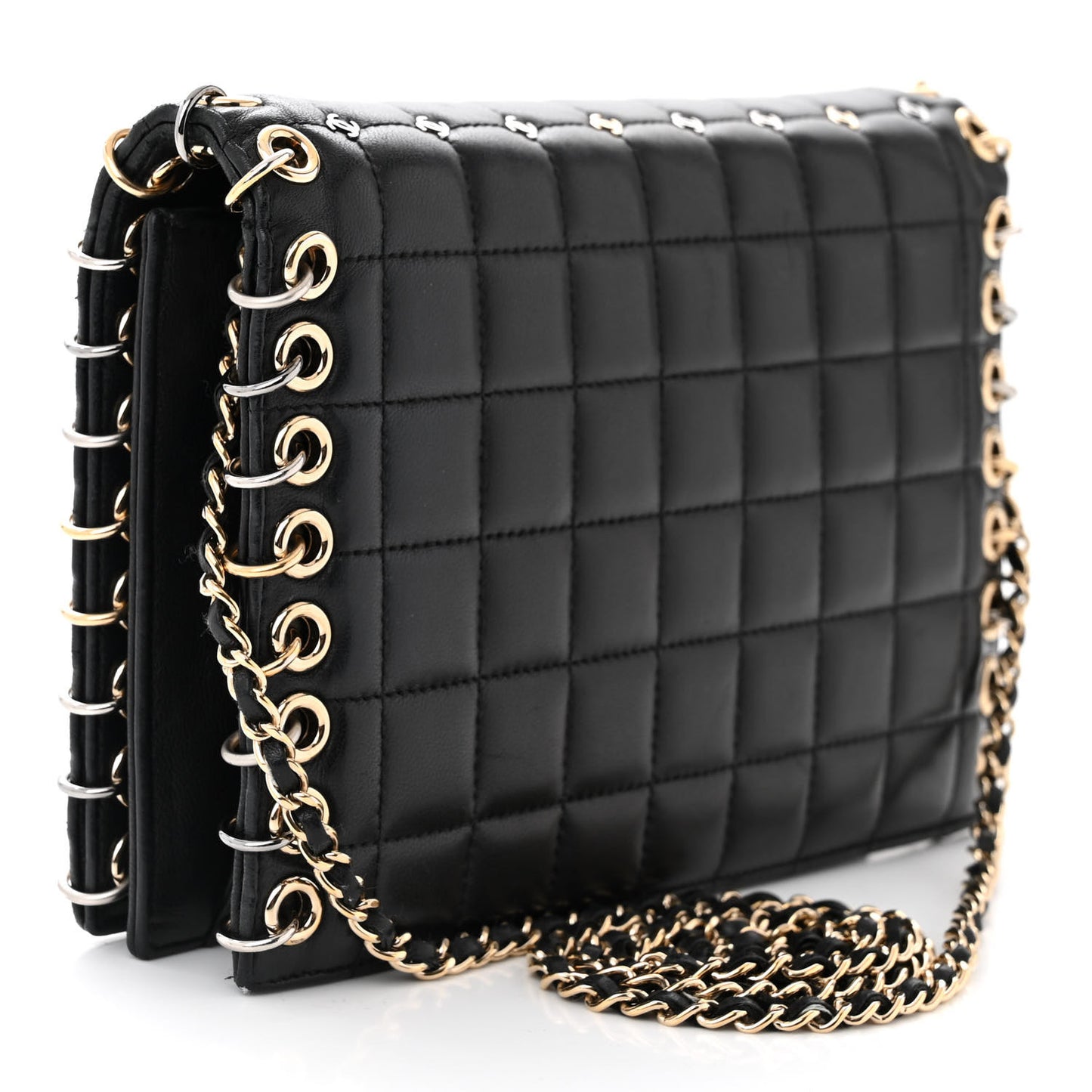 Lambskin Chocolate Bar Piercing CC Studded Small Chain Flap Bag Black