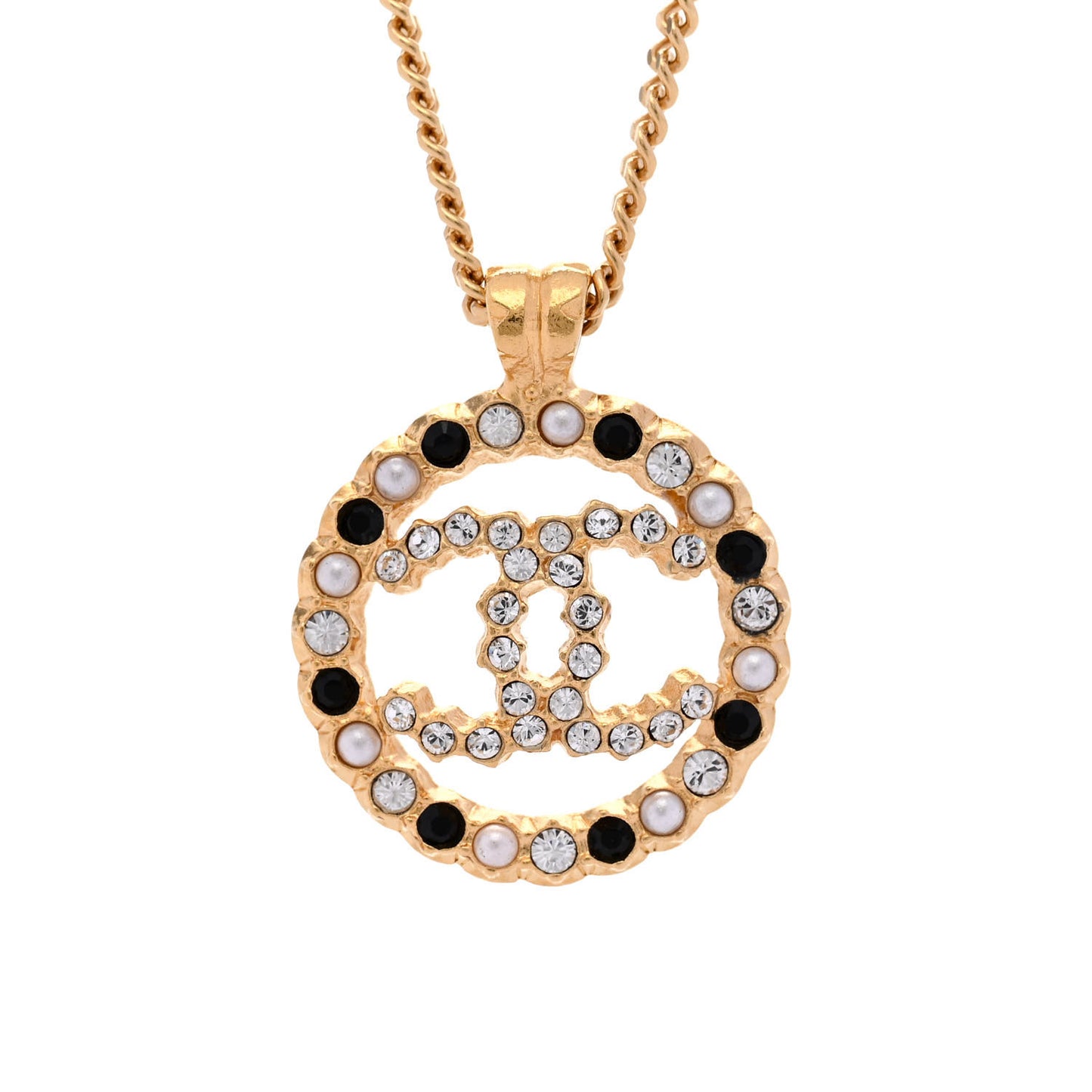 Pearl Crystal CC Round Pendant Necklace Gold Black