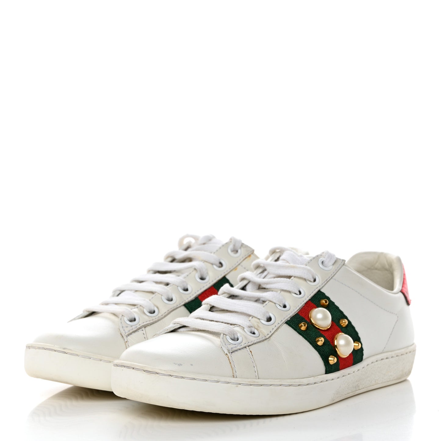 Calfskin Web Pearl Studded Womens Ace Sneakers 35 White