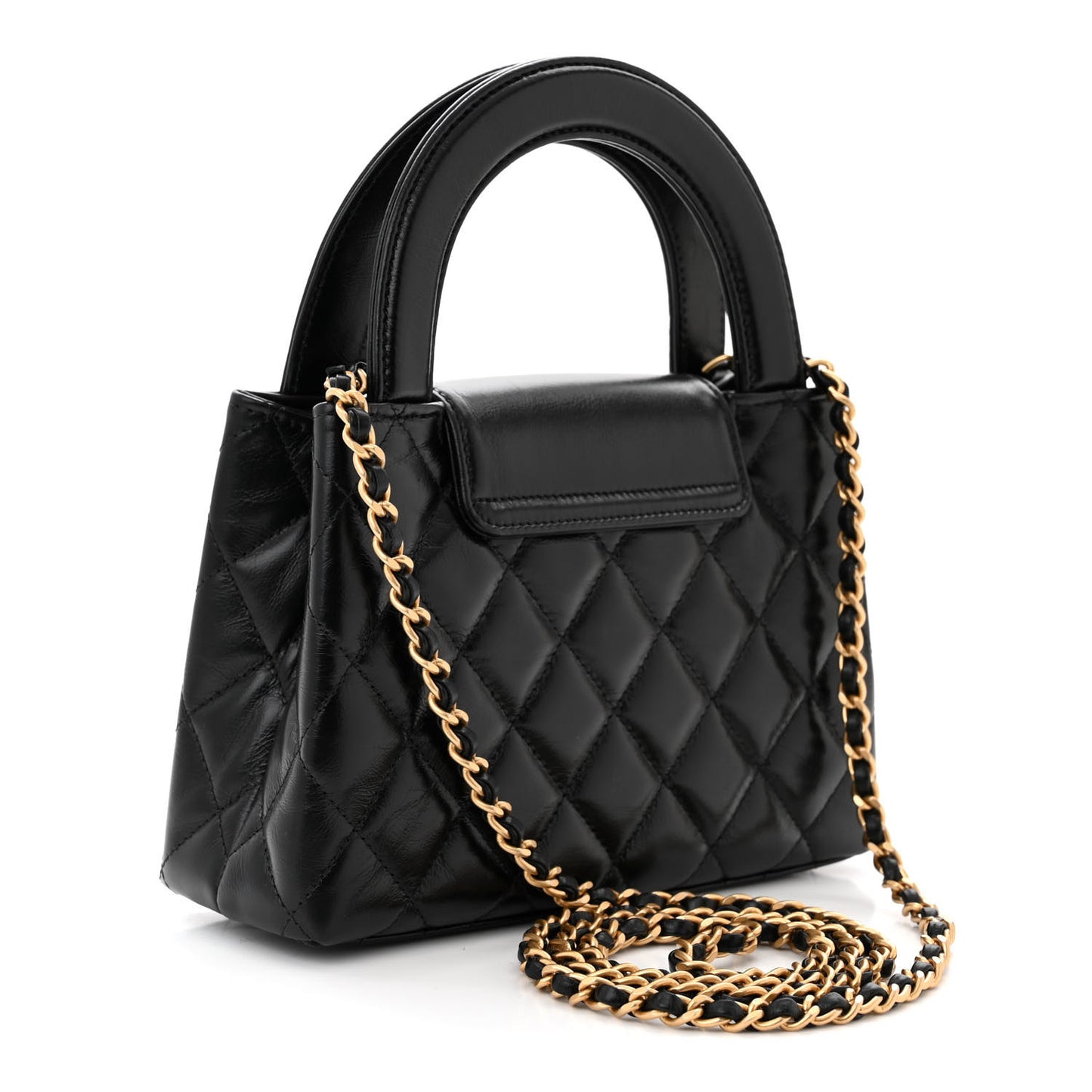 Shiny Aged Calfskin Quilted Nano Kelly Shopper Black