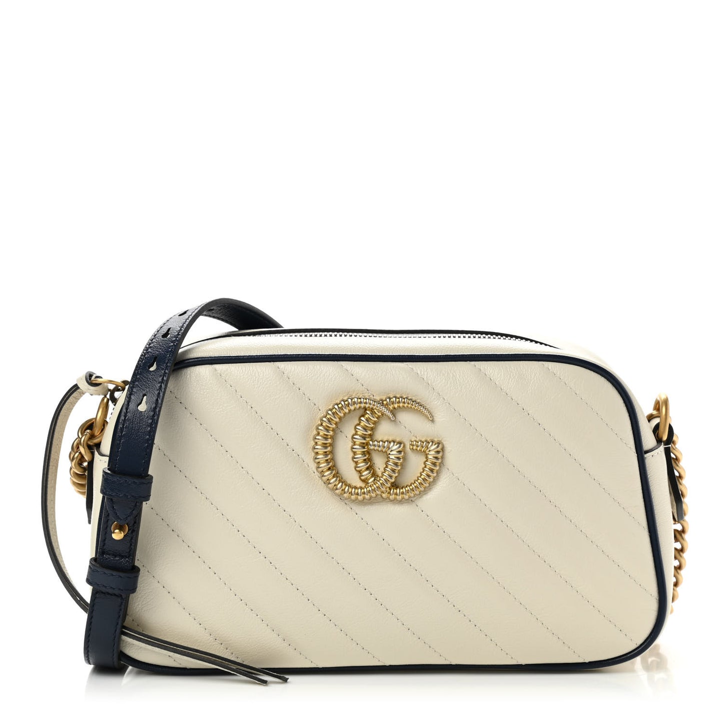 Vintage Effect Calfskin Matelasse Diagonal Small Torchon GG Marmont Chain Shoulder Bag Mystic White Blue Agata