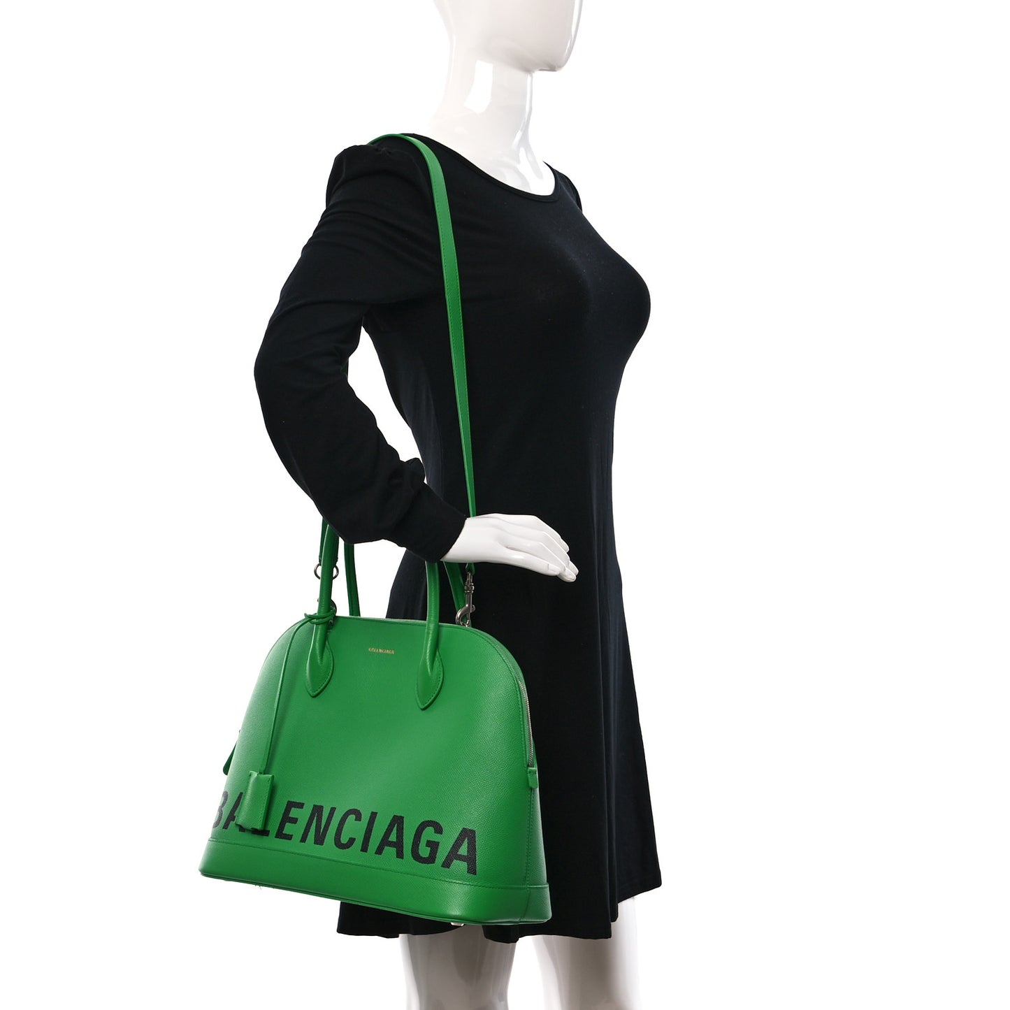 Signature Grained Calfskin Logo M Ville Top Handle Bag Green