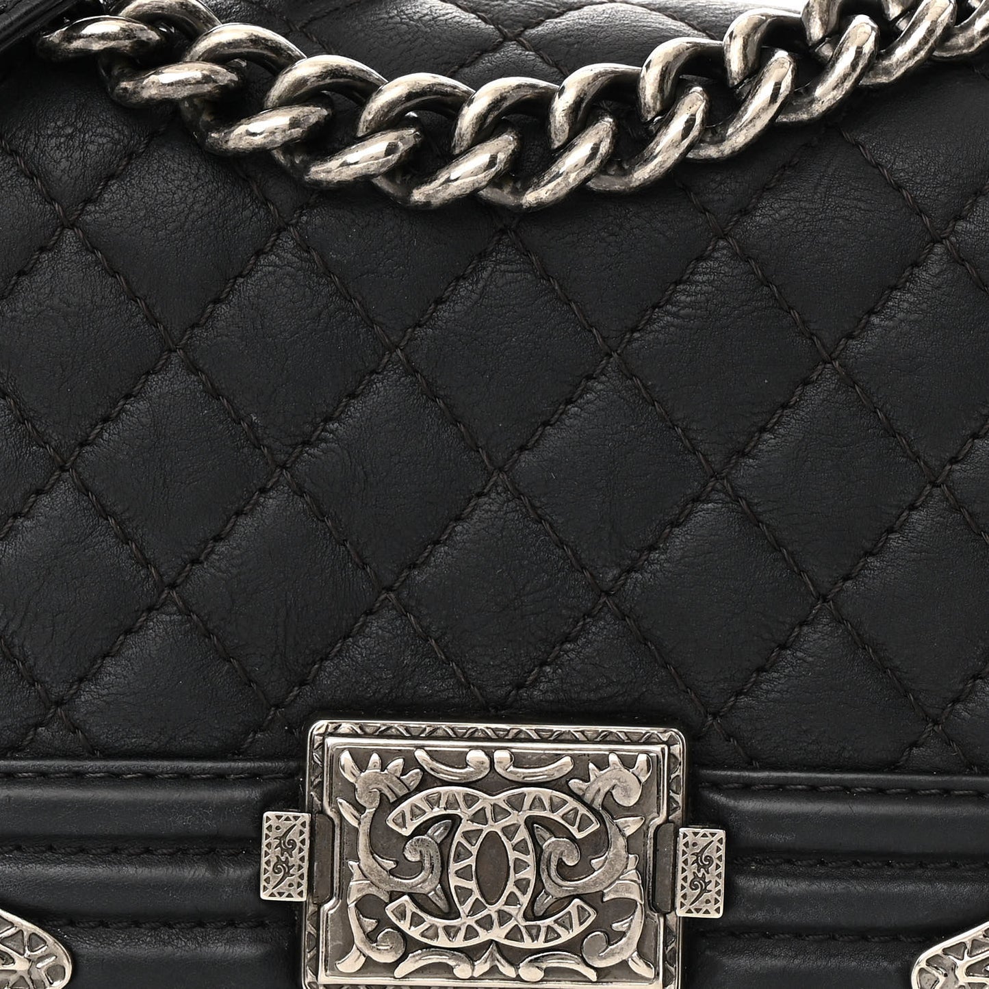 Calfskin Quilted Embellished Metal Small Boy Flap Black