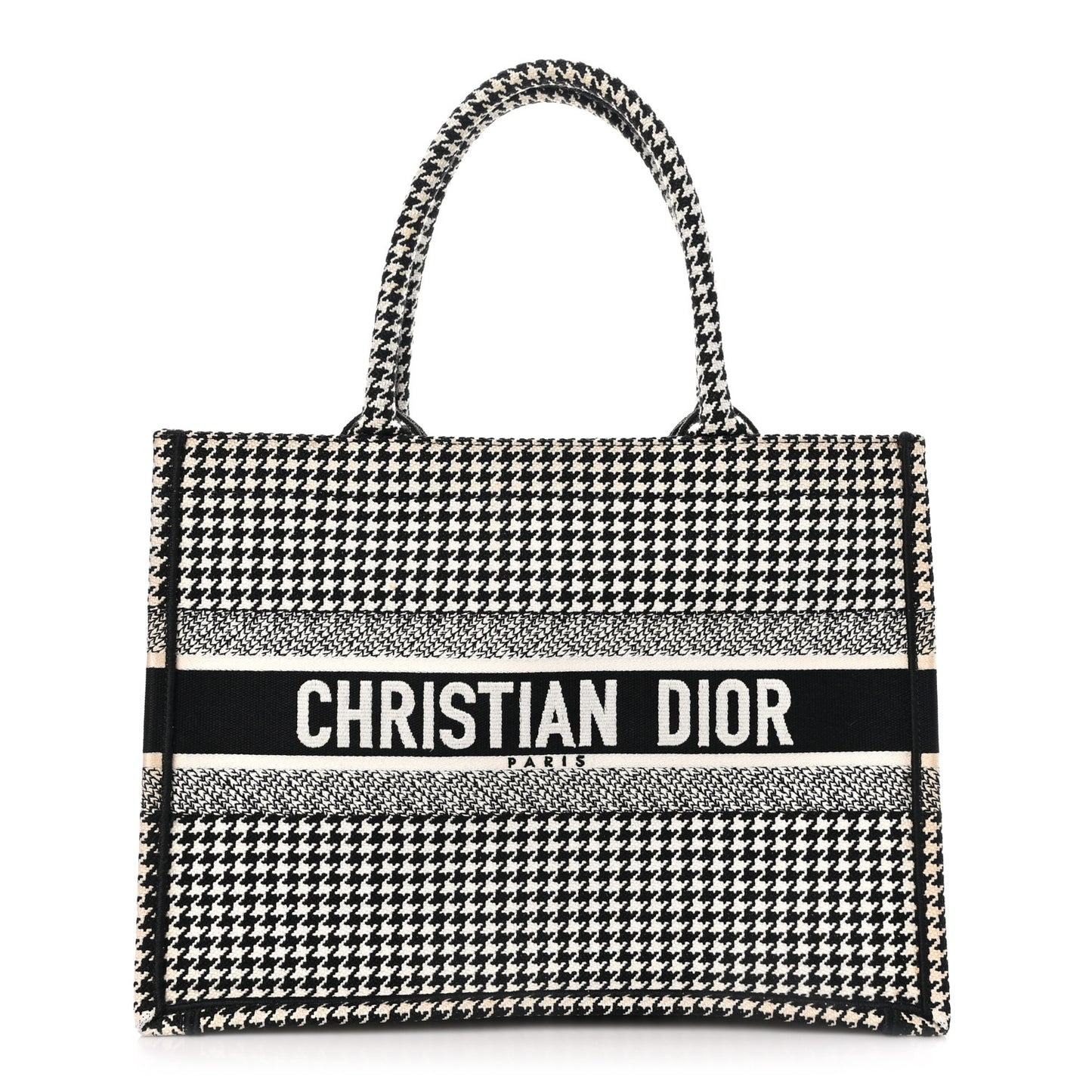 Canvas Houndstooth Embroidered Medium Book Tote Black White