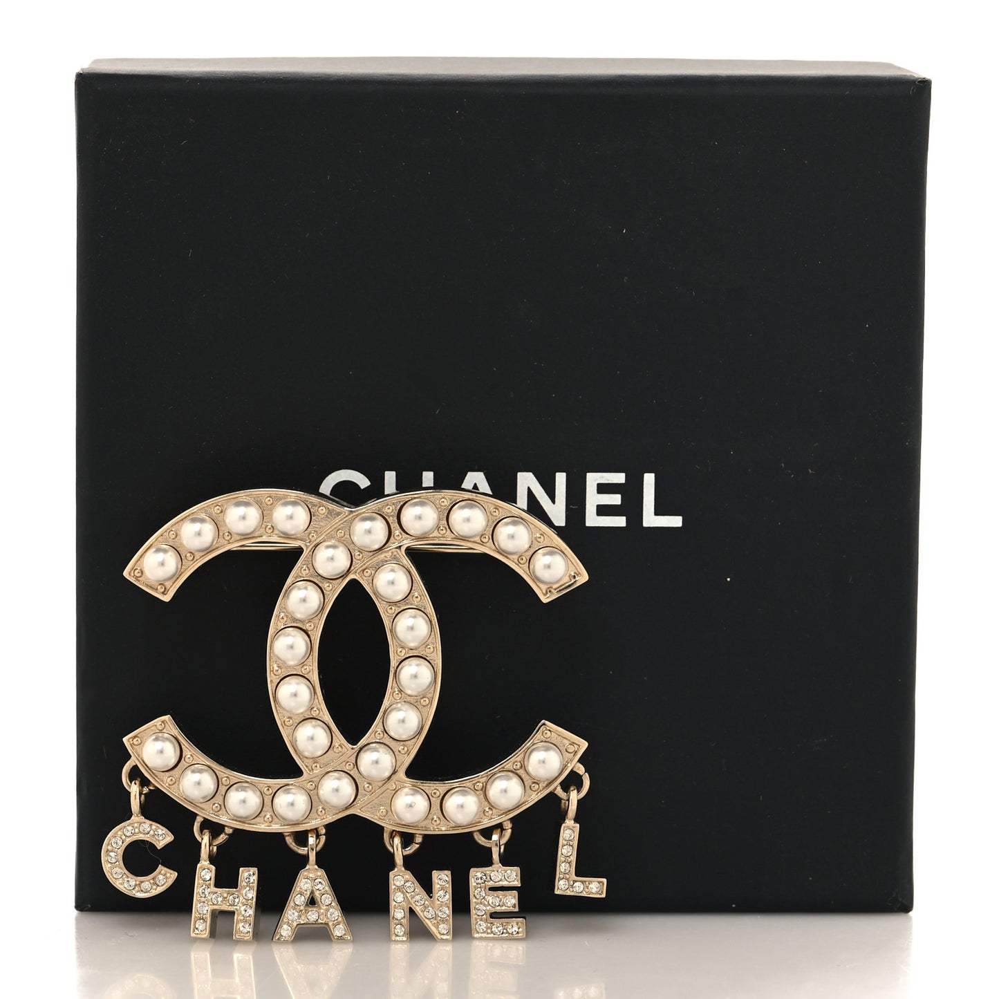 Crystal Pearl Signature Drop Brooch Gold