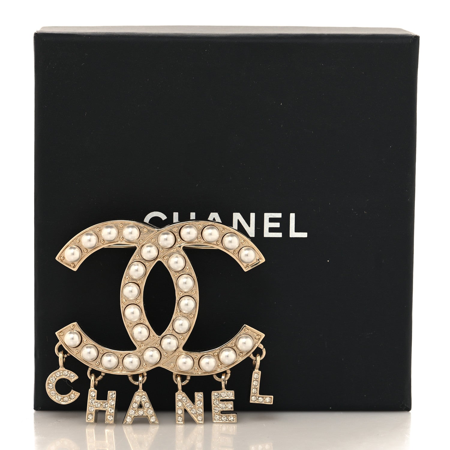 Chanel Crystal Pearl Signature Drop Brooch Gold 4 of 4