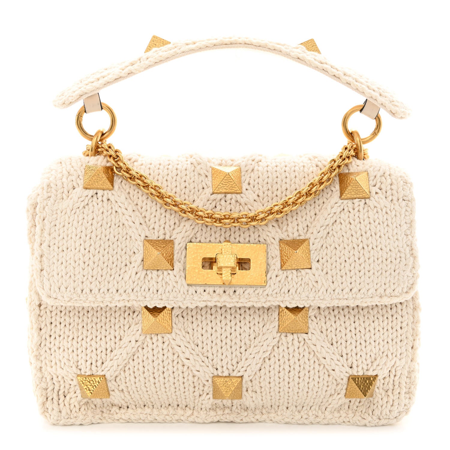 Valentino Garavani Knit Medium Roman Stud Shoulder Bag Ecru 1 of 12