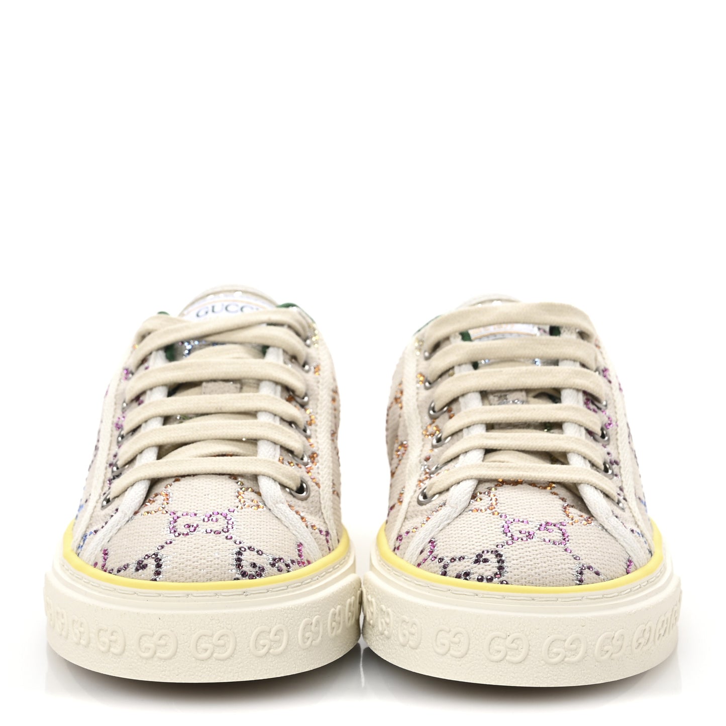 Canvas Lame Crystal GG Monogram Womens 1977 Tennis Sneakers 37.5 Gardenia Silver Mystic White
