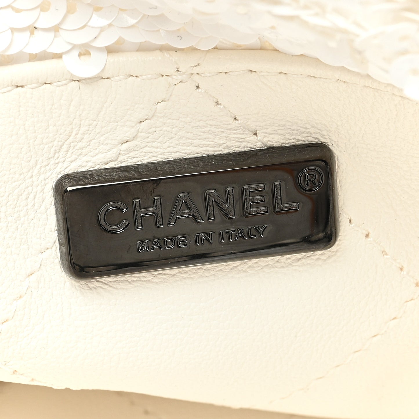 Sequin Logo Shopping Tote White Black