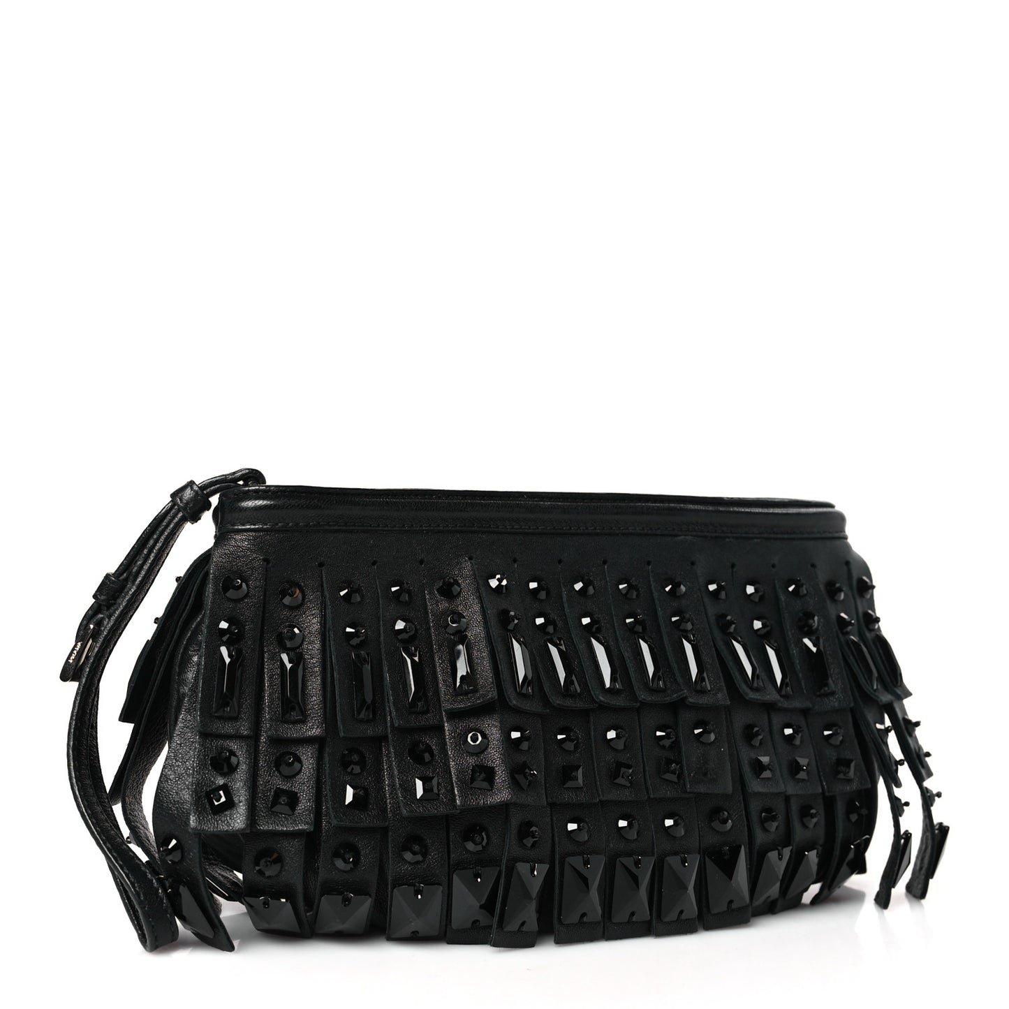 Nappa Jeweled Fringe Wristlet Clutch Black
