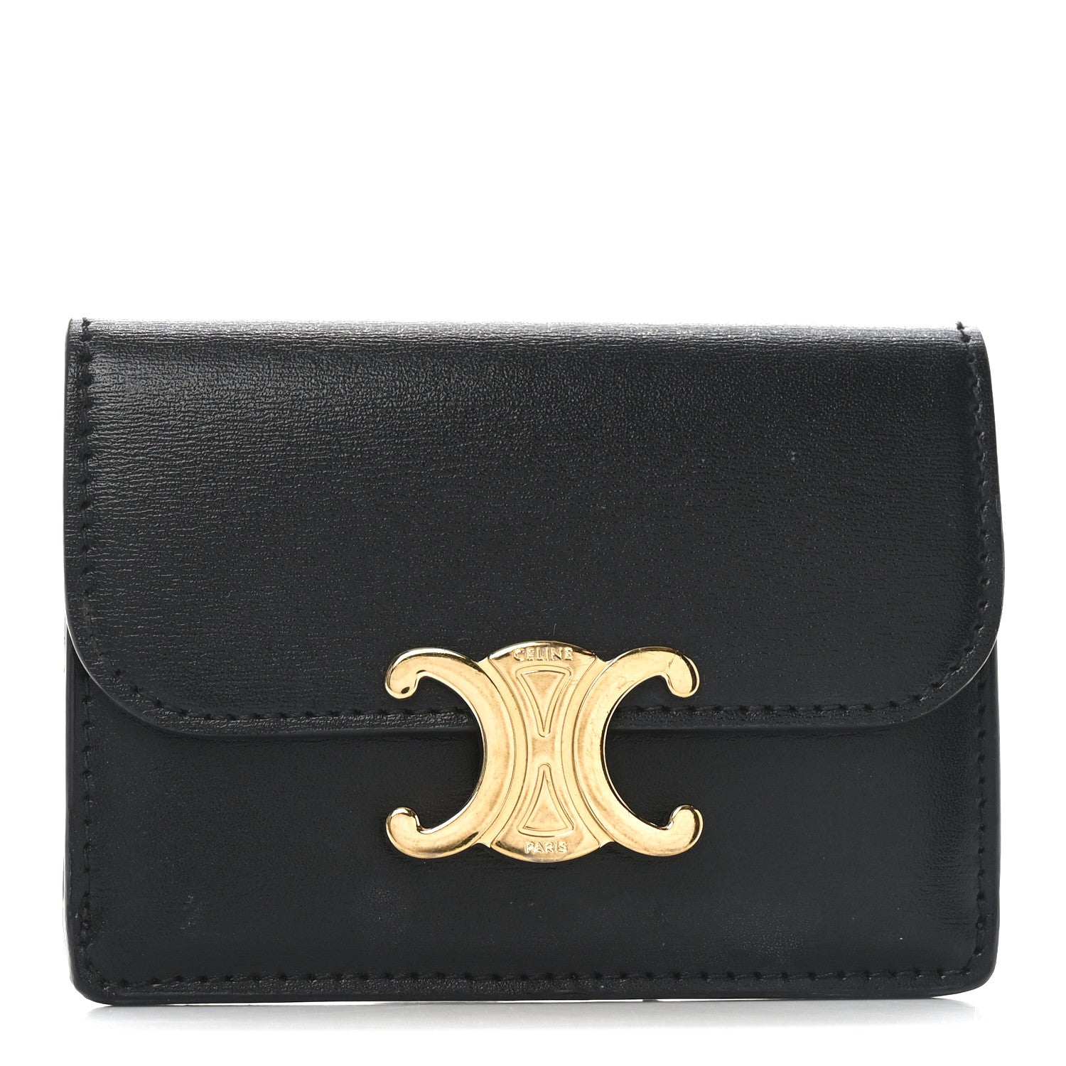 Celine Shiny Calfskin Triomphe Flap Card Holder Black 1736506