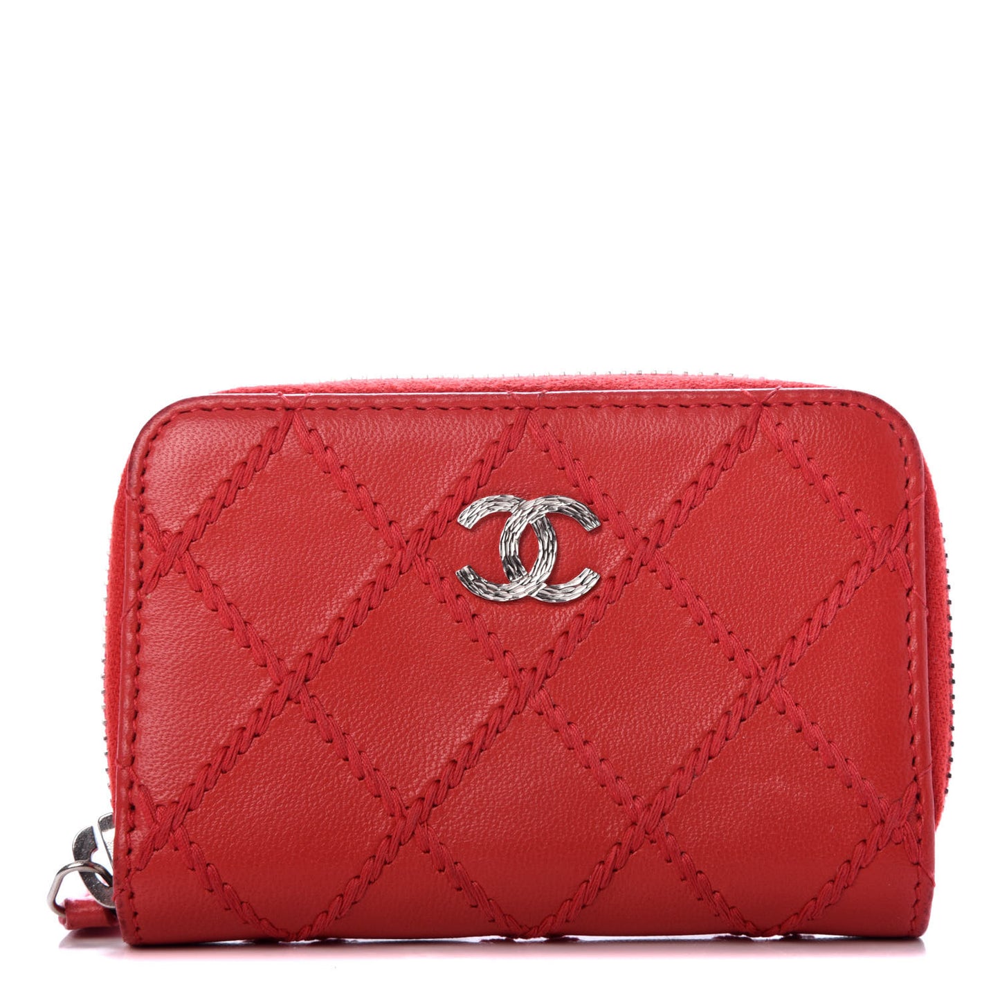 Lambskin Double Stitch Zip Coin Purse Coral Pink