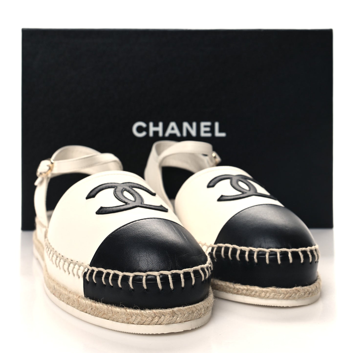 Lambskin Cap Toe CC Espadrille Sandals 39 White Black