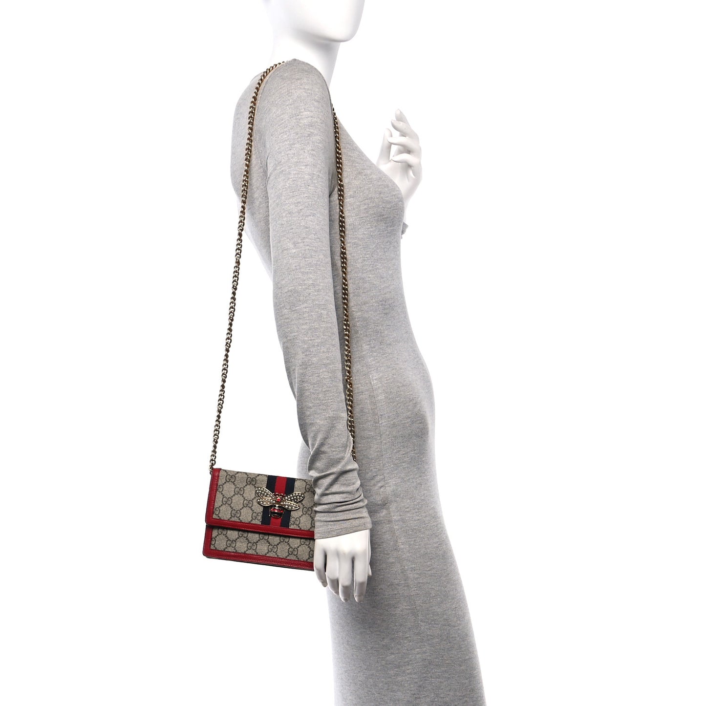 GG Supreme Monogram Web Queen Margaret Chain Wallet Red