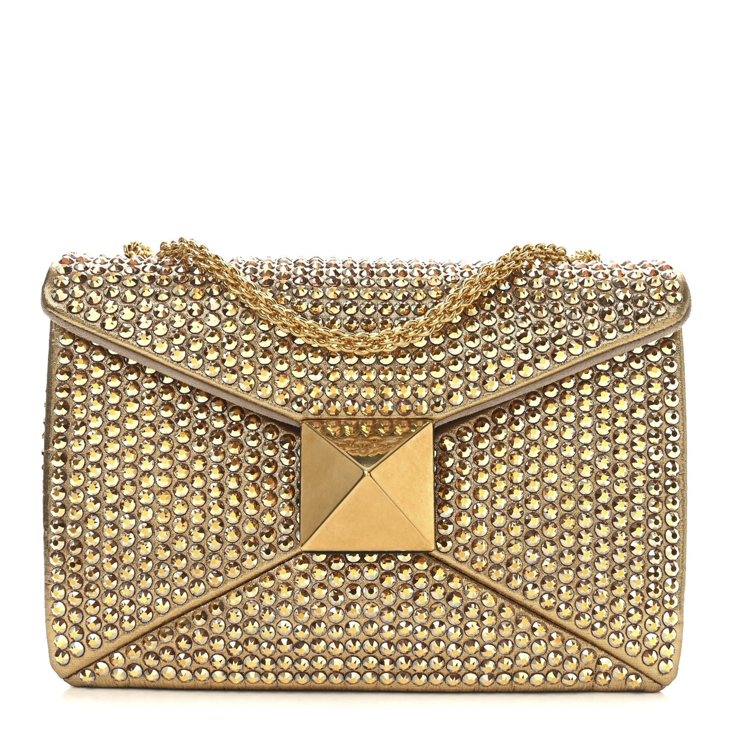 Crystal Embellished Metallic Calfskin Small One Stud Clutch With Chain Sunshine Gold