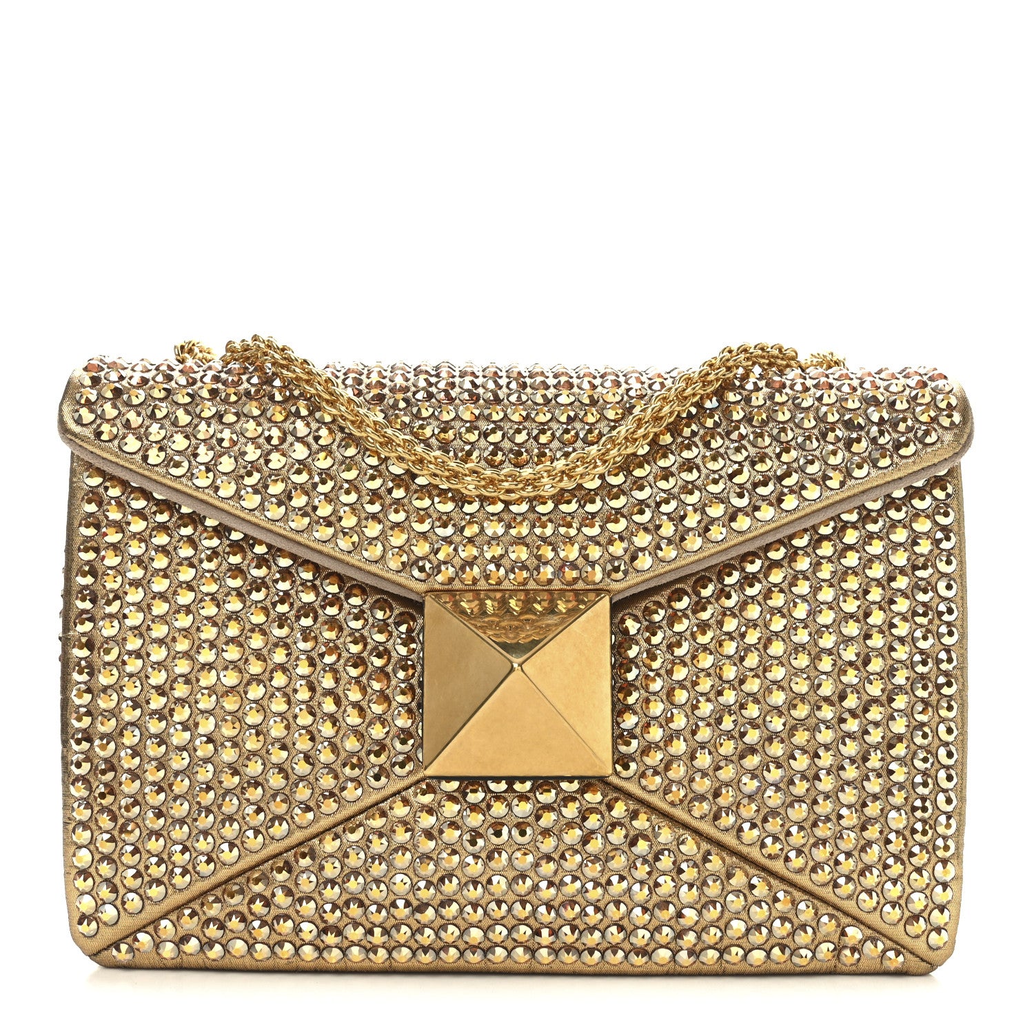 Valentino Garavani Crystal Embellished Metallic Calfskin Small One Stud Clutch With Chain Sunshine Gold 1 of 9