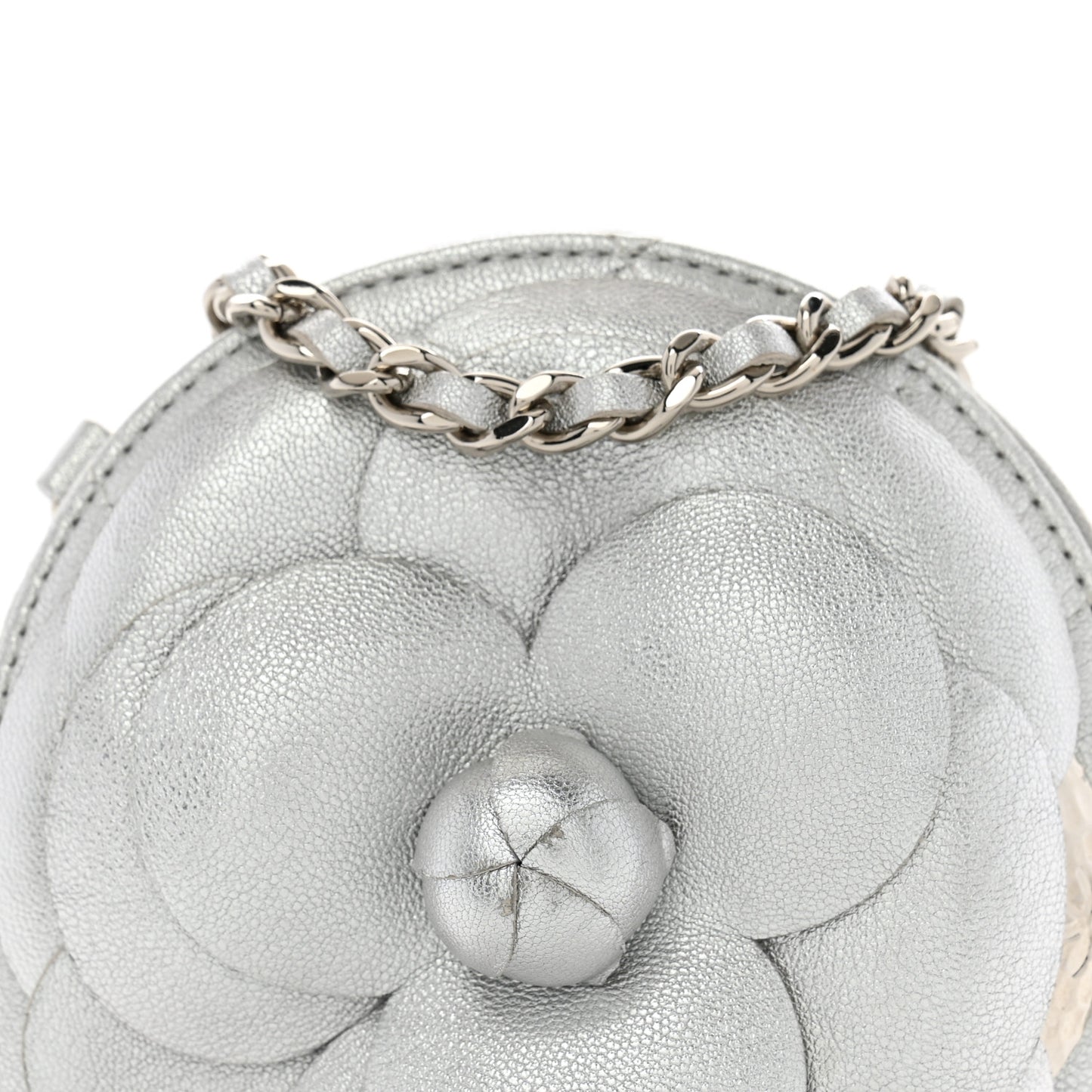 Metallic Lambskin Mini Camellia Bouquet Clutch With Chain Silver