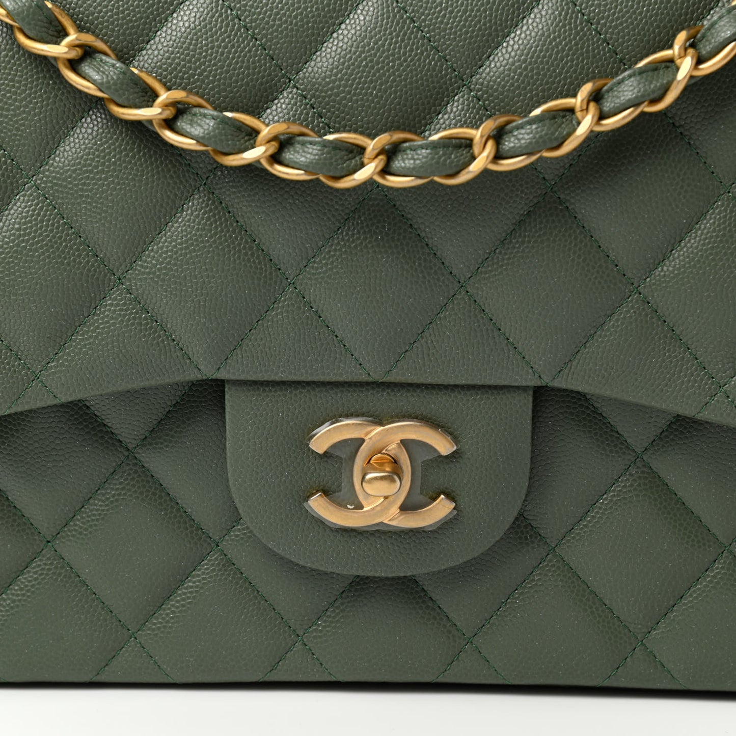 Caviar Quilted Jumbo Double Flap Dark Green