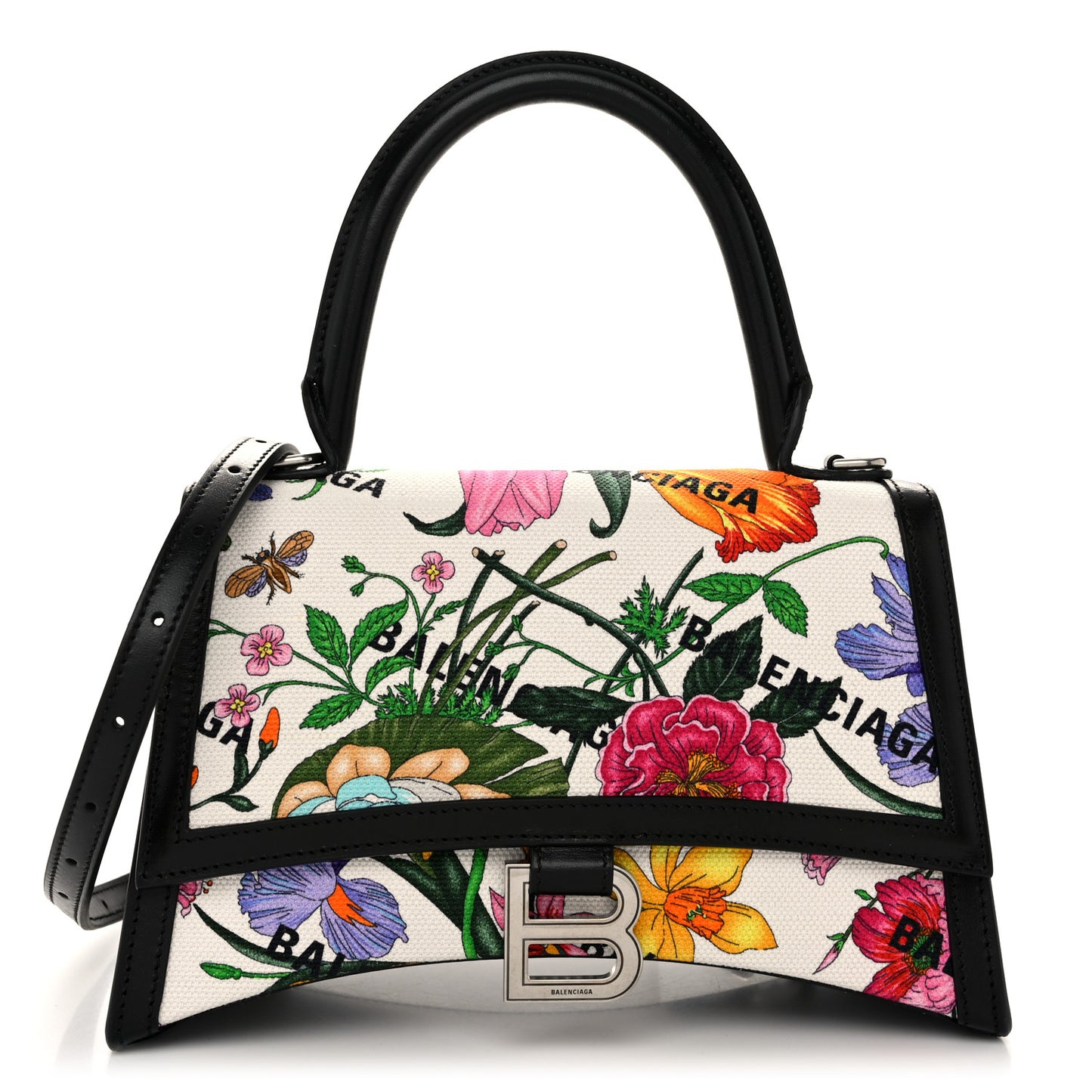 X GUCCI Canvas Boarded Plutone Calfskin Flora Logo Print Small Hourglass Top Handle Bag White Multicolor Black