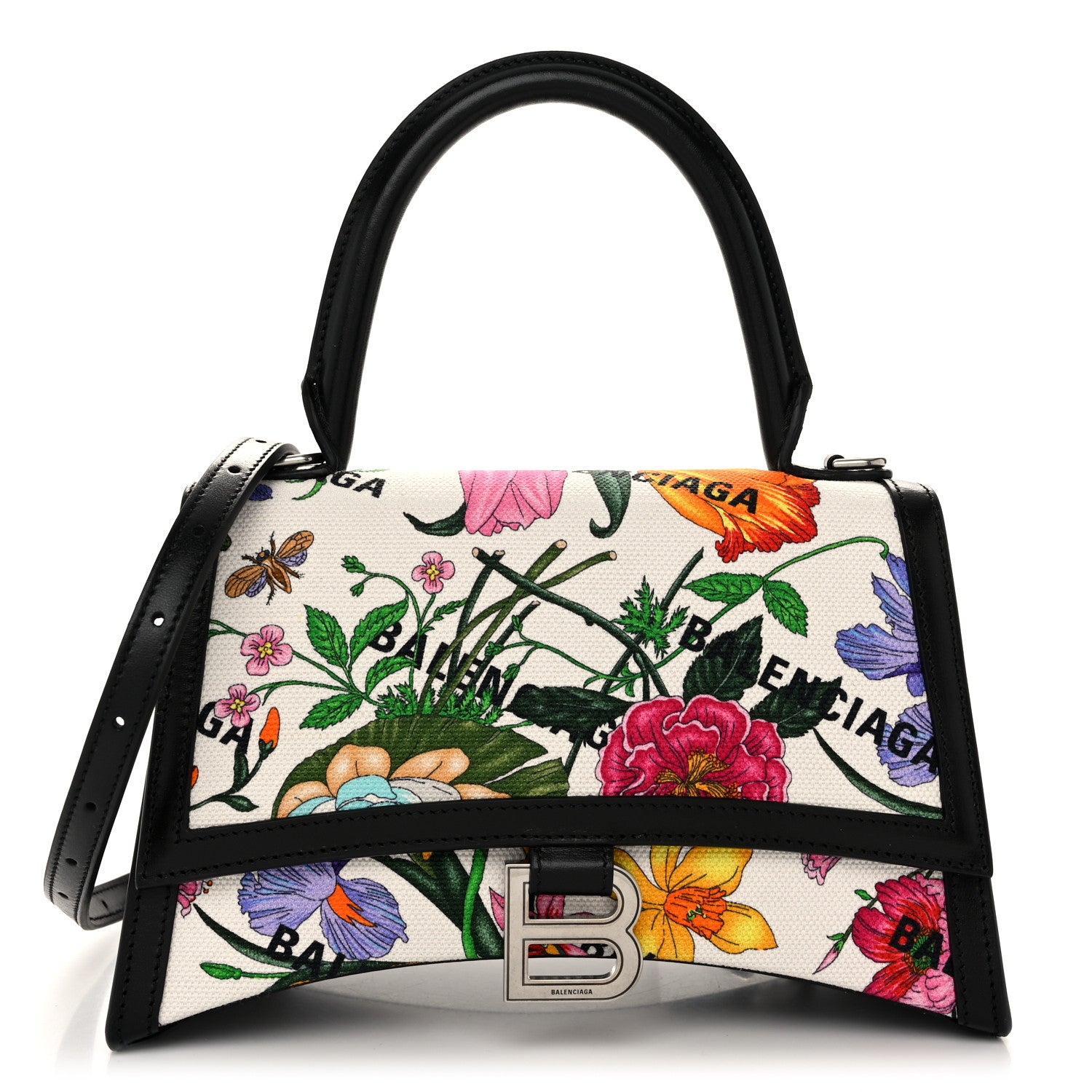 Balenciaga X GUCCI Canvas Boarded Plutone Calfskin Flora Logo Print Small Hourglass Top Handle Bag White Multicolor Black 1 of 9