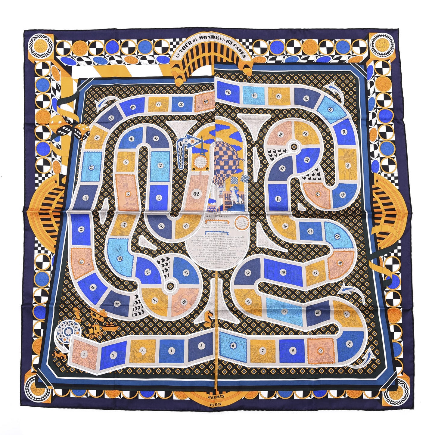 Silk Le Tour Du Monde En 63 Cases Scarf 90 Marine Orange Bleu