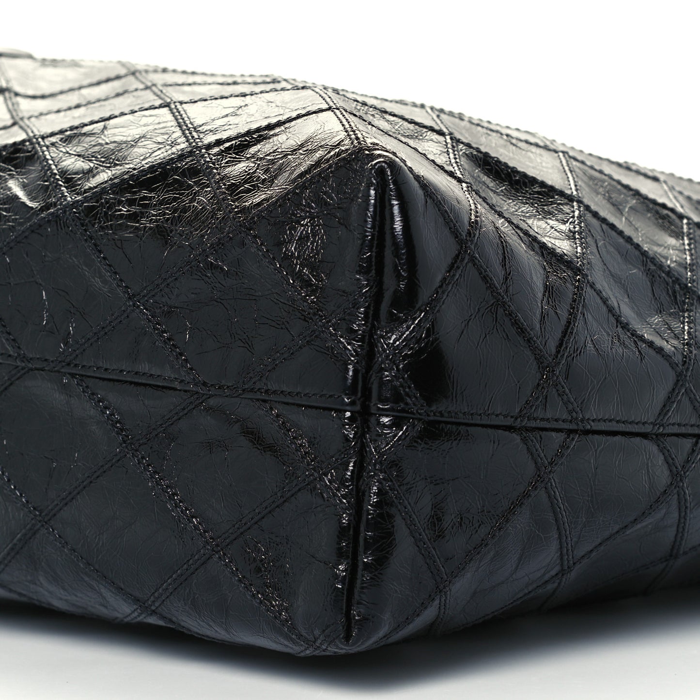 Crinkled Calfskin Quilted East West Shopping Tote Black
