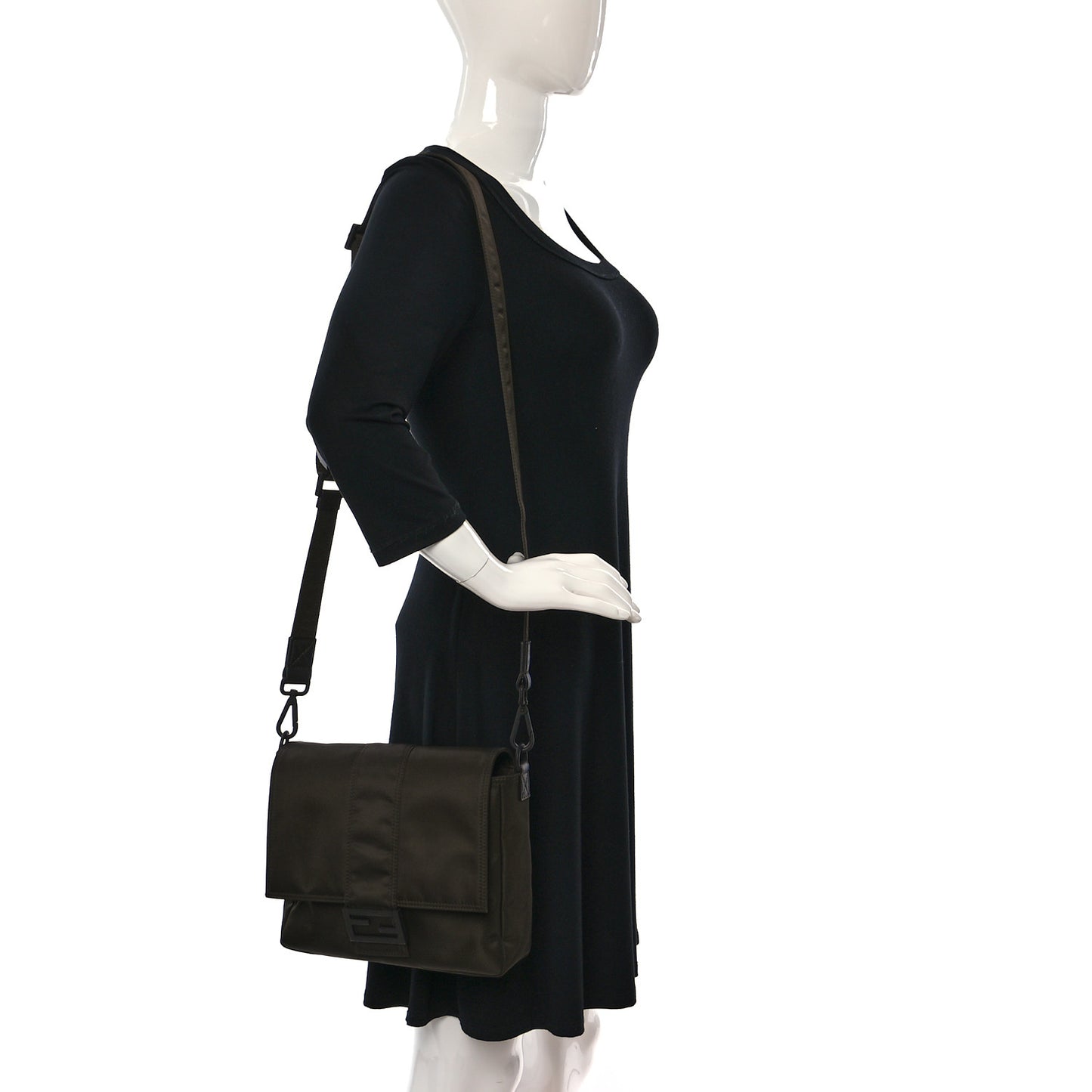 Econyl Nylon Cuoio Romano Monochrome Medium Baguette Messenger Bag Ebano