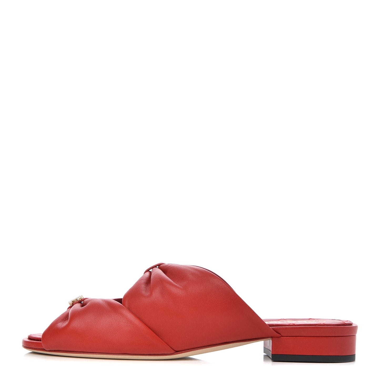 Lambskin Pearl Bow CC Flat Sandals 37 Red
