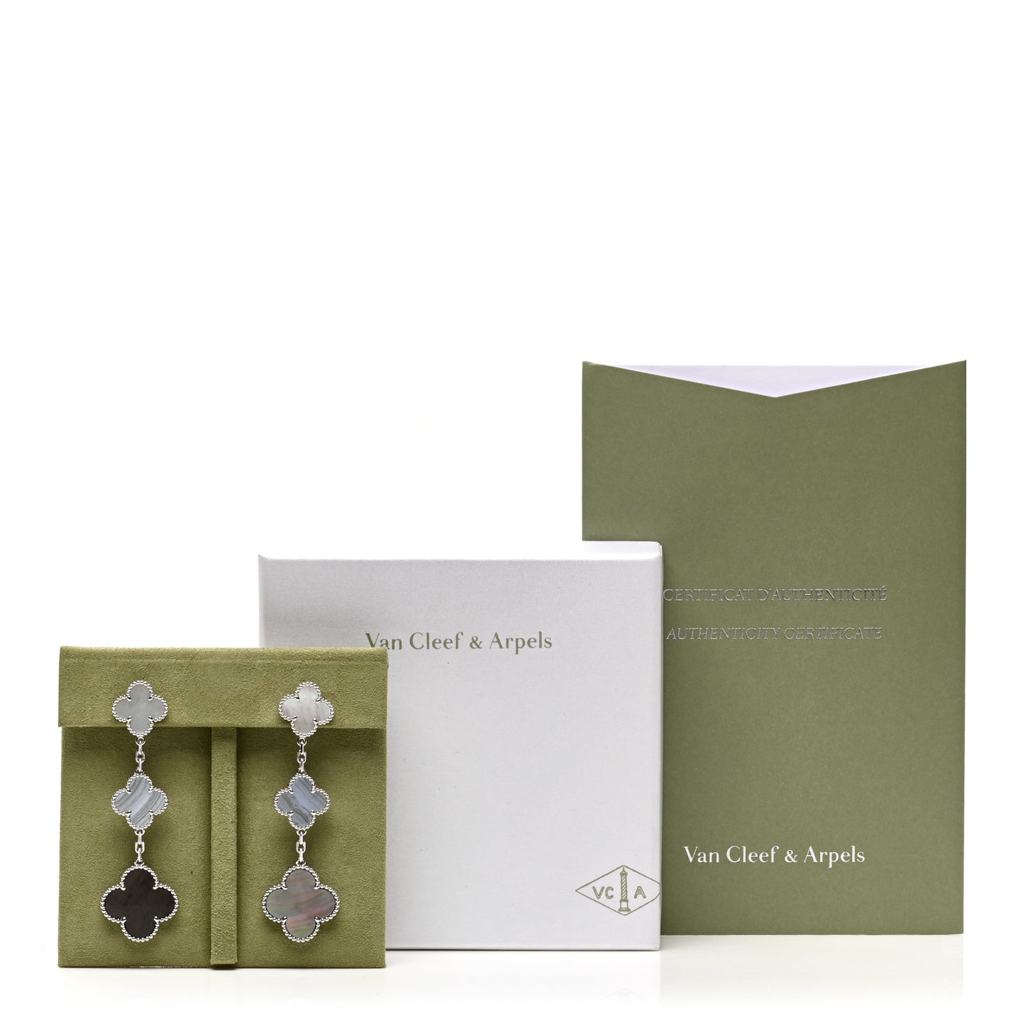 18K White Gold Mother of Pearl Chalcedony 3 Motifs Magic Alhambra Earrings