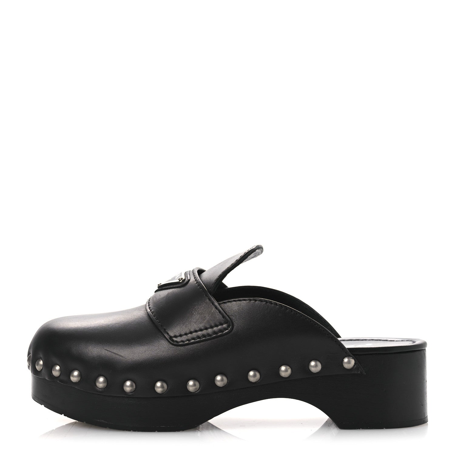 Prada Natural Calfskin Metal Triangle Logo 45mm Clogs 38 Black