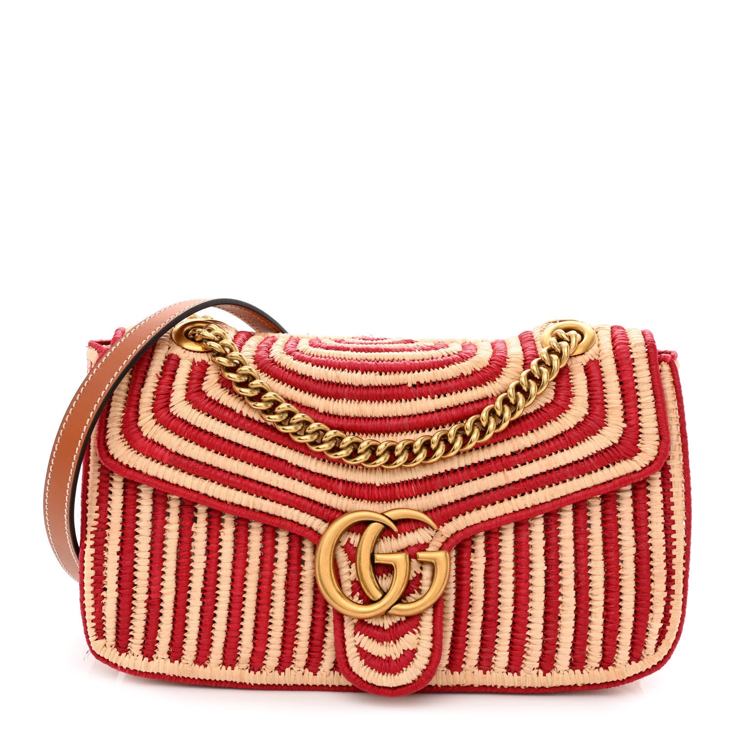 Gucci Raffia Woven Small GG Marmont Shoulder Bag Natural Hibiscus