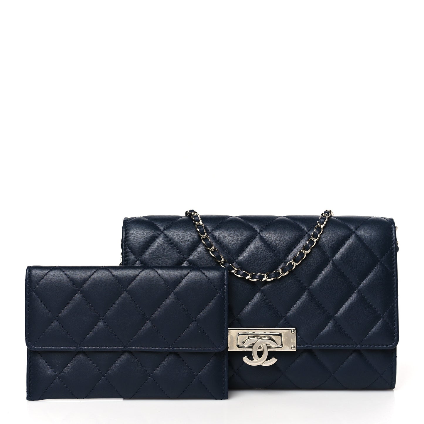 Lambskin Quilted Golden Class Clutch with Chain Navy Blue