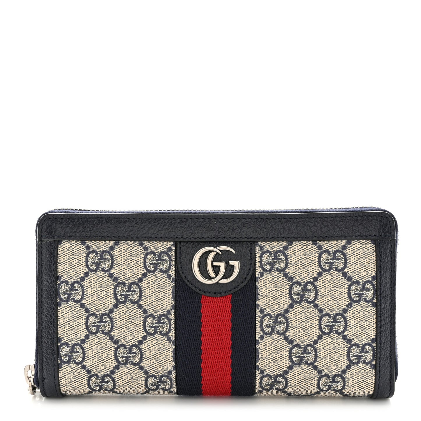 GG Supreme Monogram Textured Dollar Calfskin Web Ophidia Zip Around Wallet Beige Blue