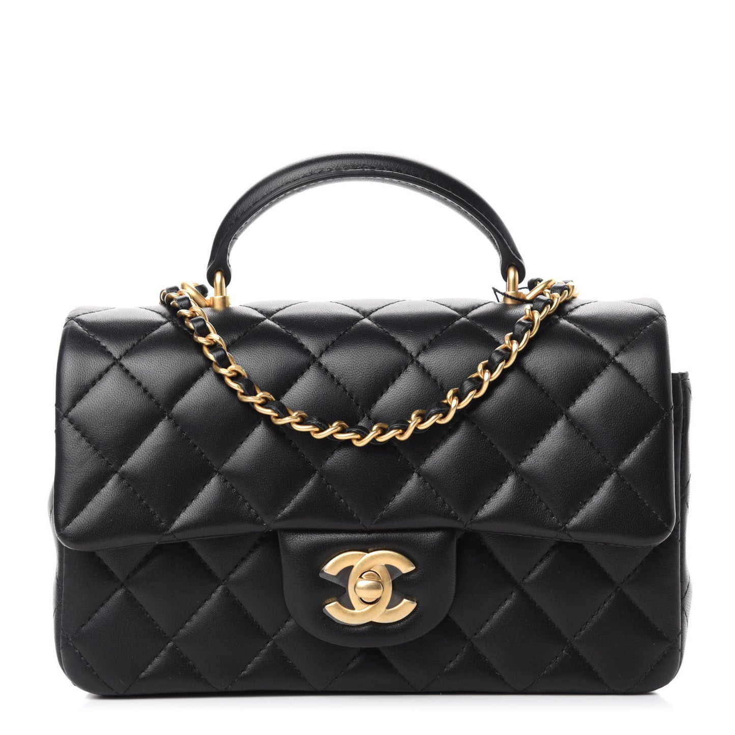Lambskin Quilted Mini Top Handle Rectangular Flap Black