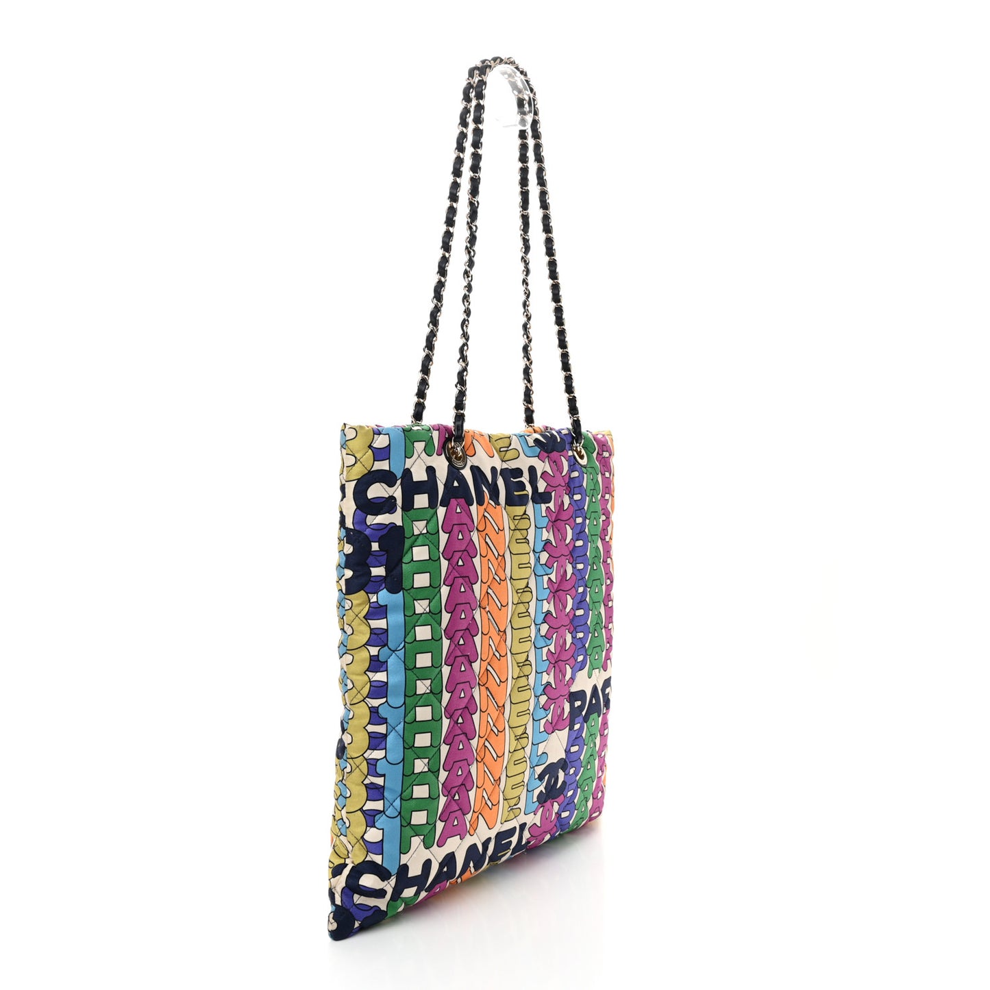 Printed Fabric Quilted Logo Large Shopping Tote Multicolor