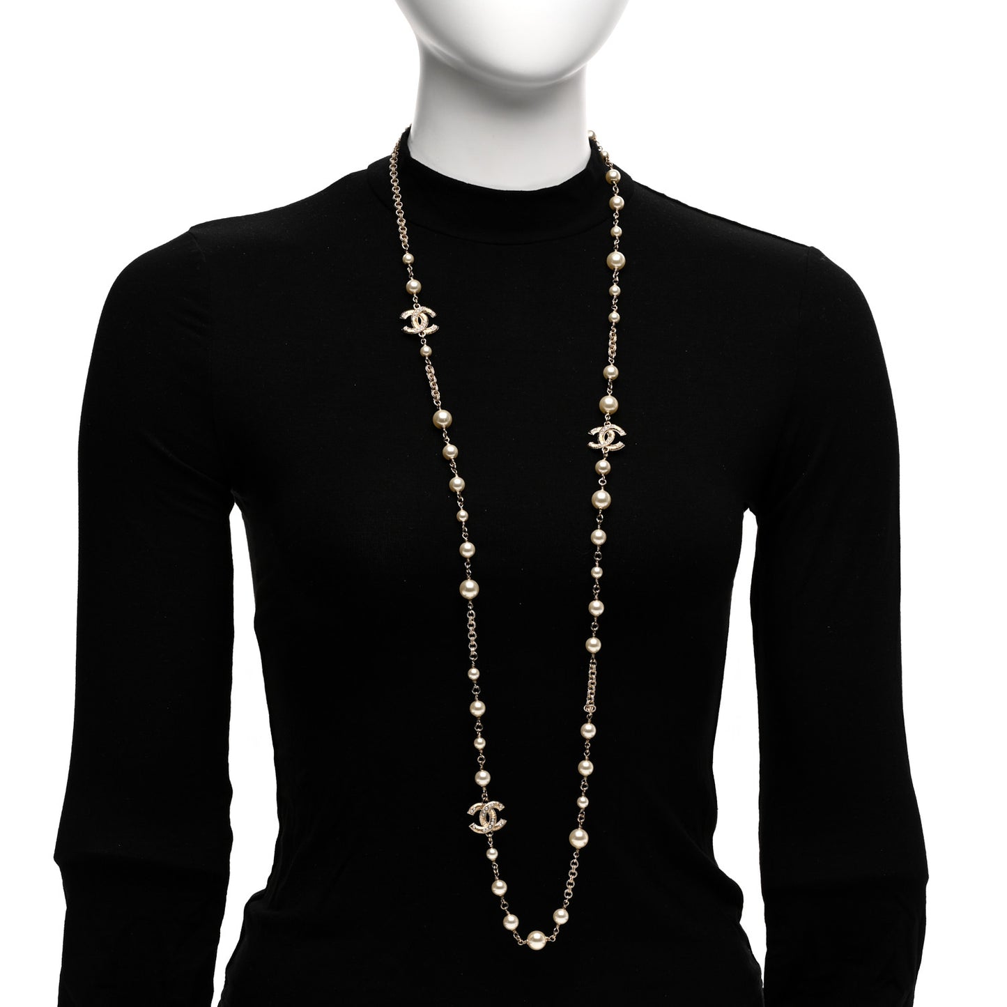 Pearl CC Long Necklace Light Gold