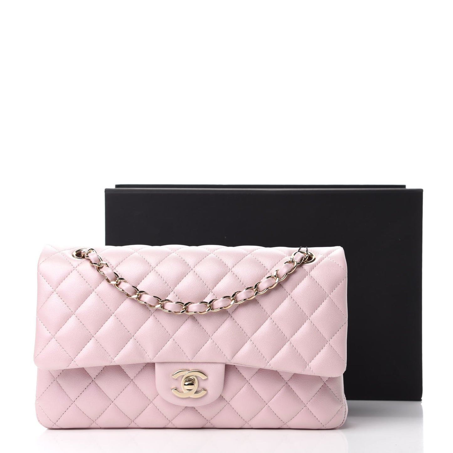 Iridescent Calfskin Quilted Medium Double Flap Light Pink