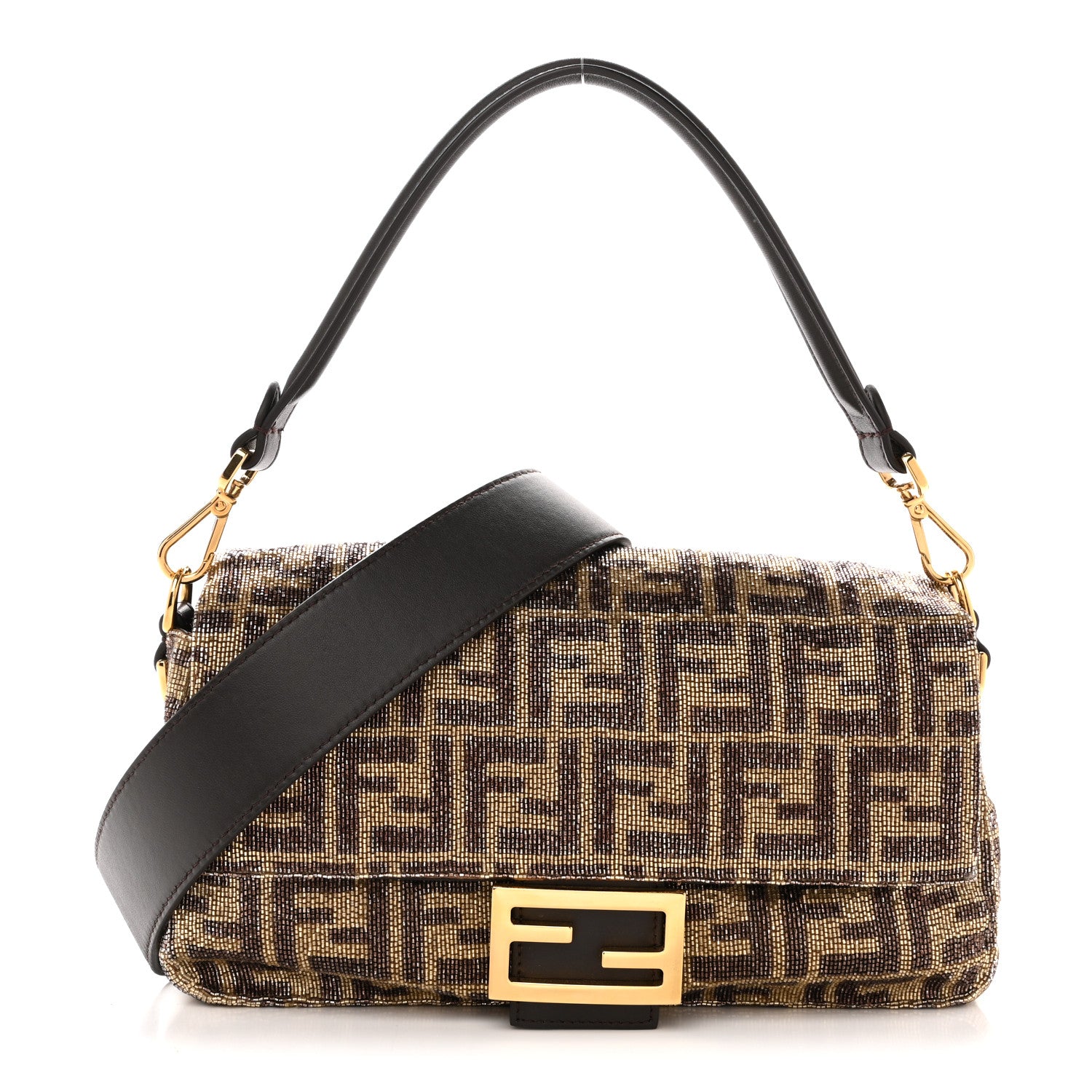 Fendi Vitello King Beaded Zucca Baguette Mogano Panna Ebano