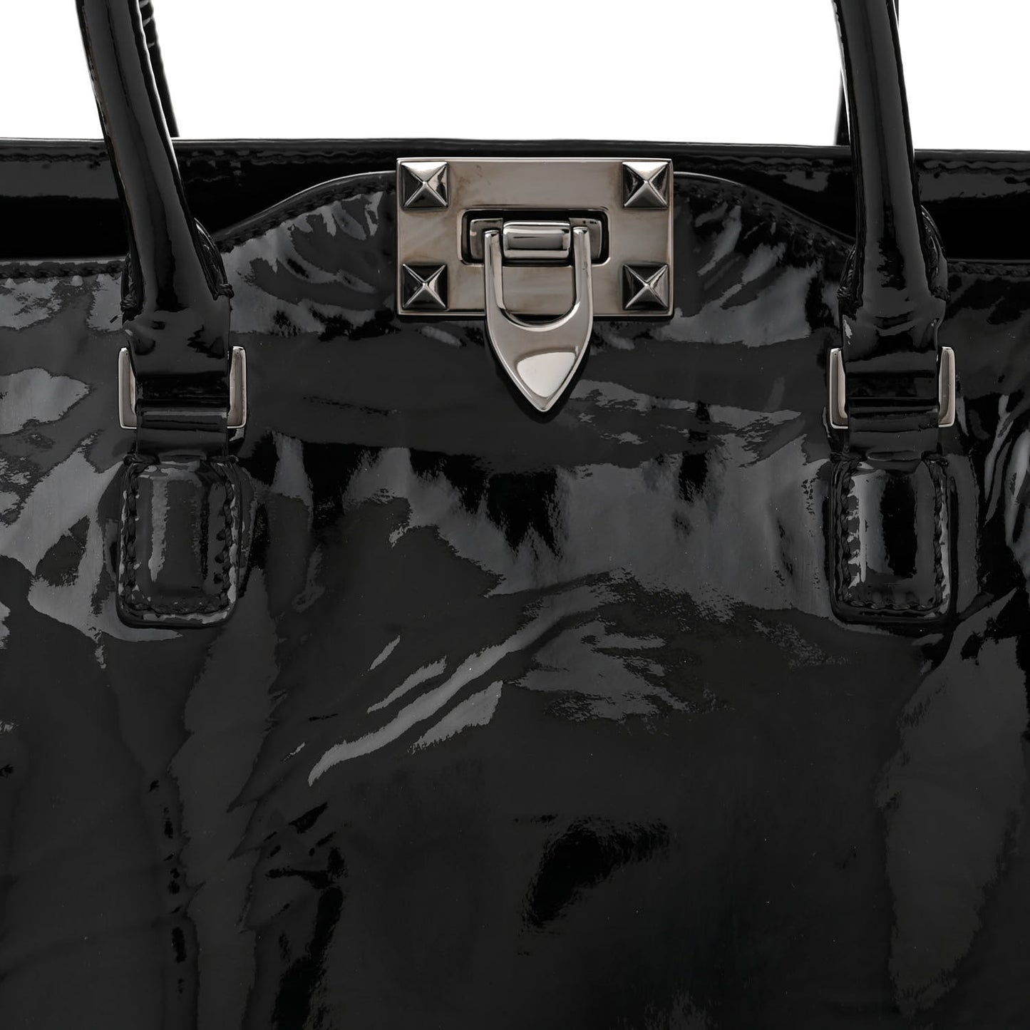 Patent Monochrome Small Rockstud Double Handle Tote Black