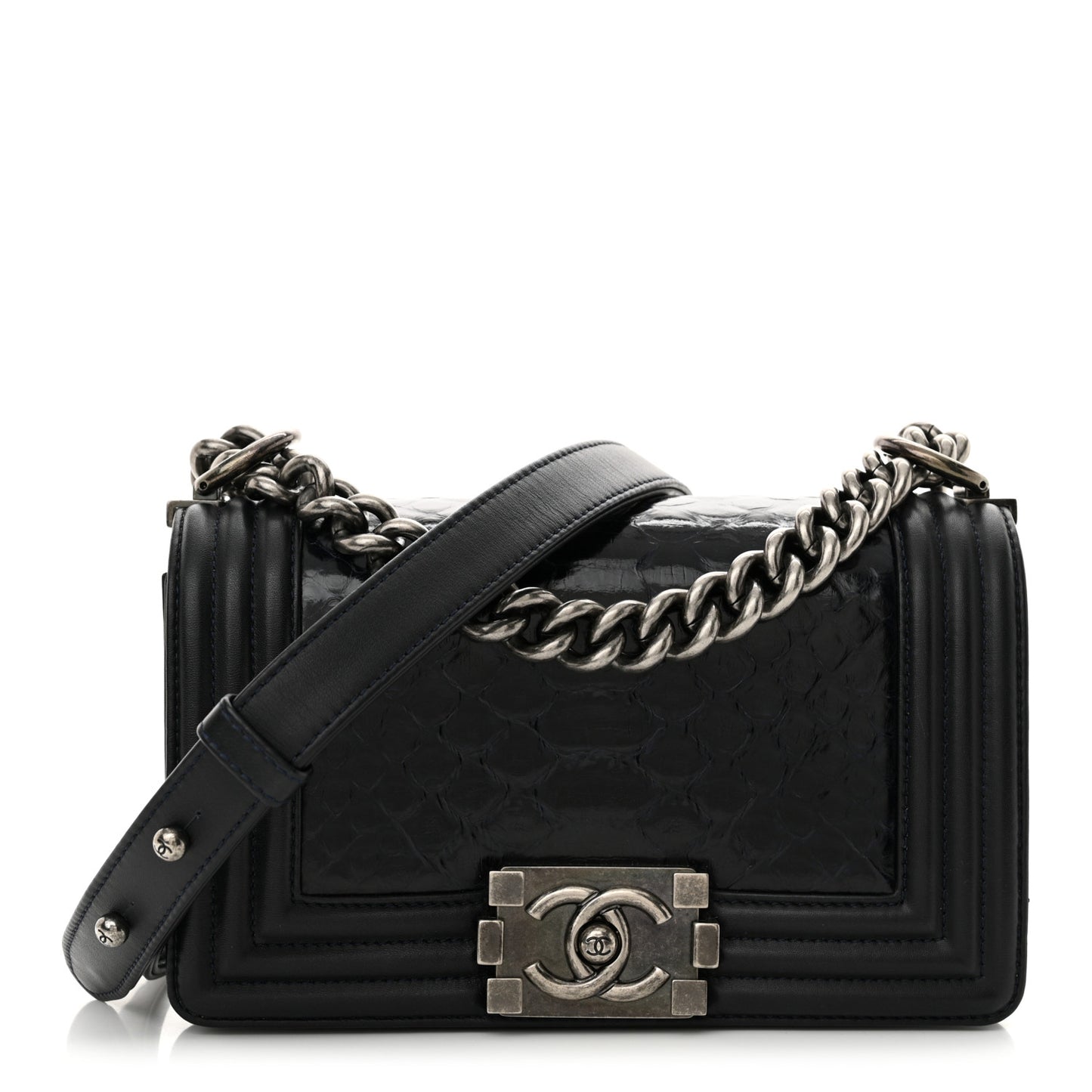Snakeskin Calfskin Small Boy Flap Navy