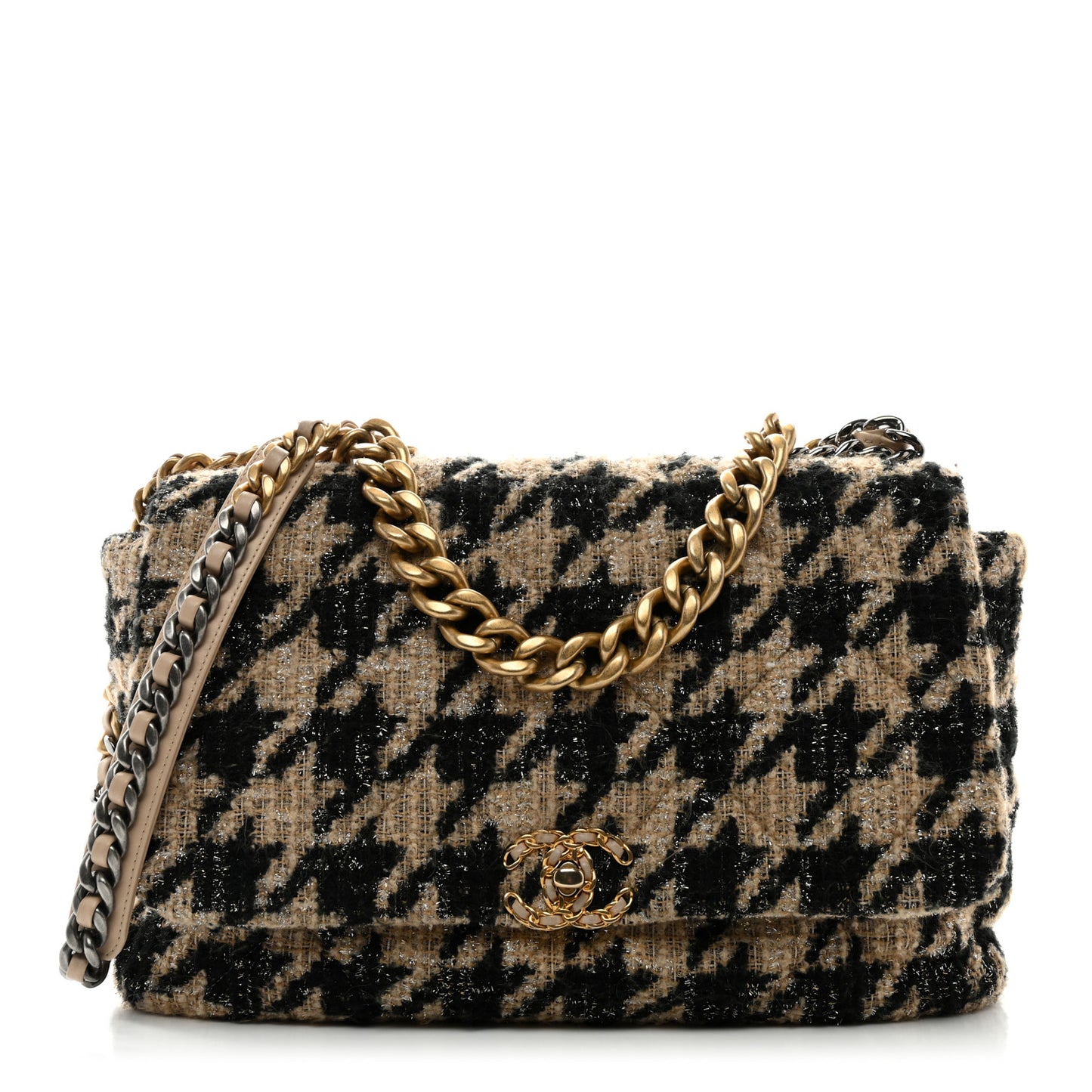 Tweed Maxi Chanel 19 Flap Black Beige