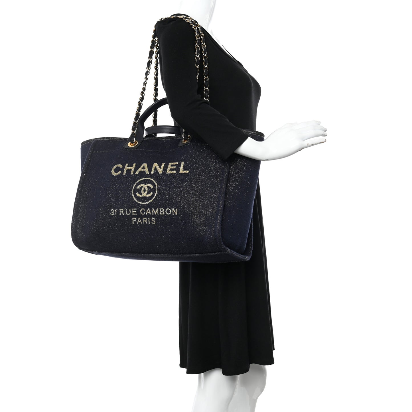 Lurex Canvas Medium Deauville Tote Navy Blue Gold
