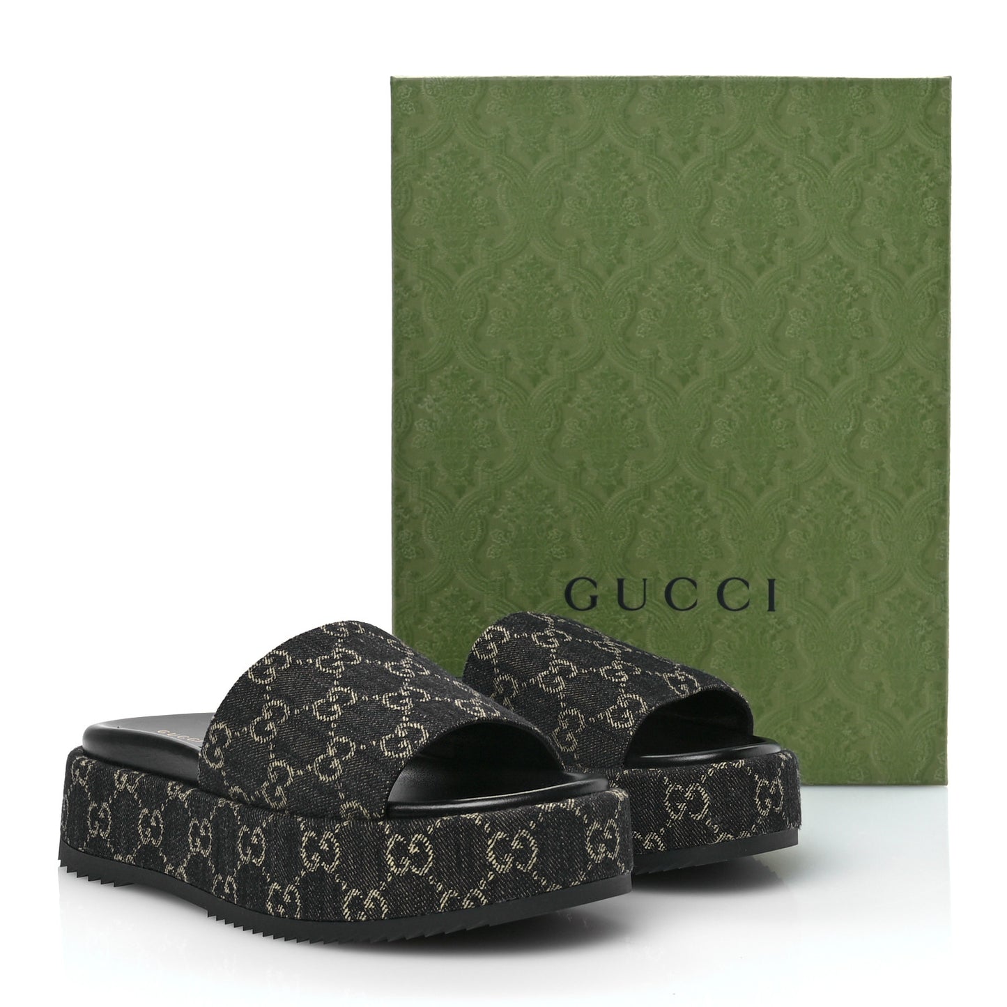 Jacquard Black Denim GG Monogram Angelina Platform 55mm Slide Sandals 40 Black Ivory