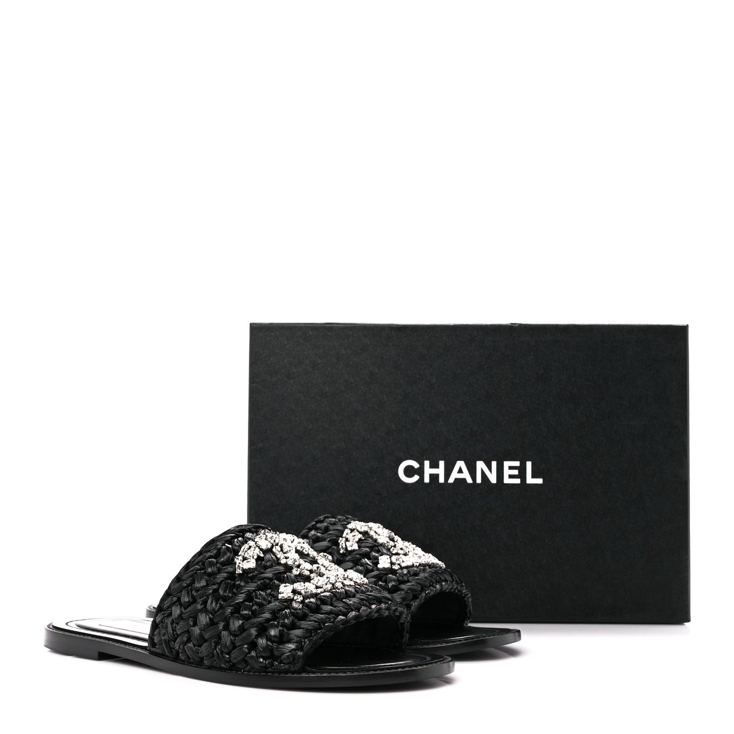 Raffia Crystal CC Mules Sandals 38.5 Black