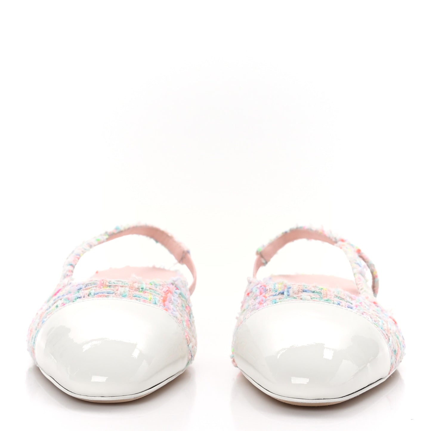 Tweed Patent Cap Toe Slingback Flats 38.5 Multicolor White